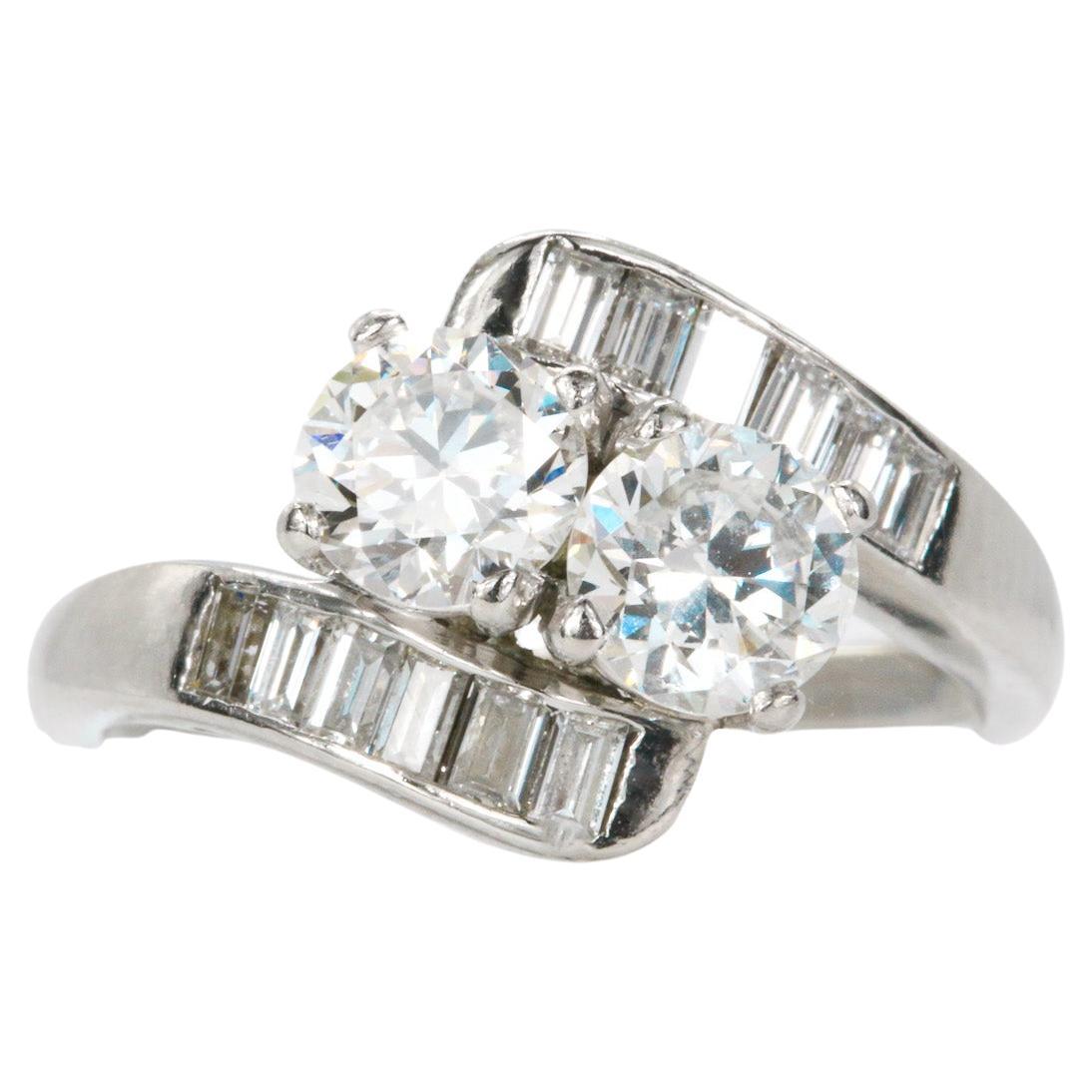 Vintage European Cut 
Baguette Cut Natural Diamond Ring in Platinum For Sale