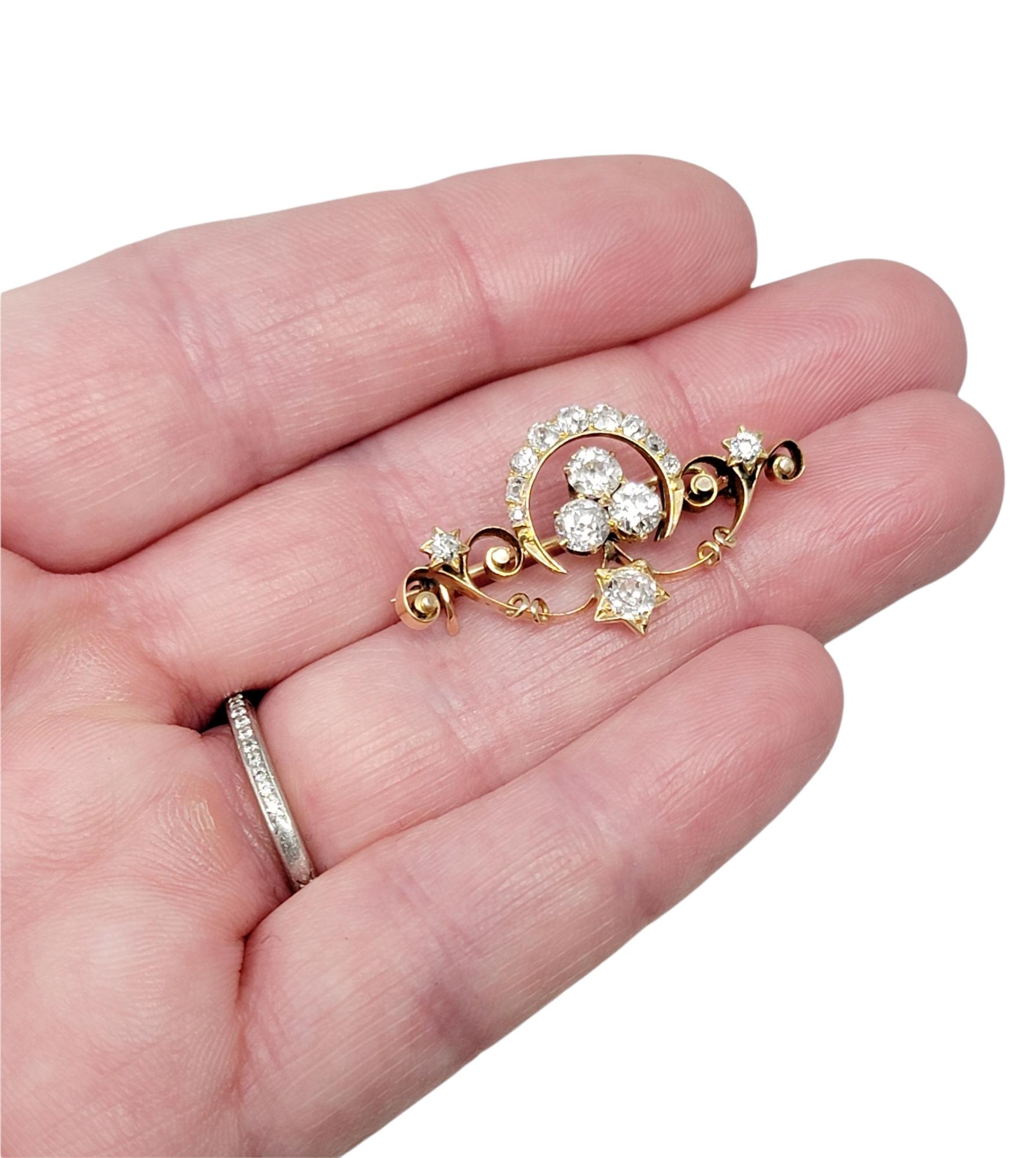 Vintage European Cut Diamond Crescent Moon and Star Design Brooch 14 Karat Gold For Sale 2