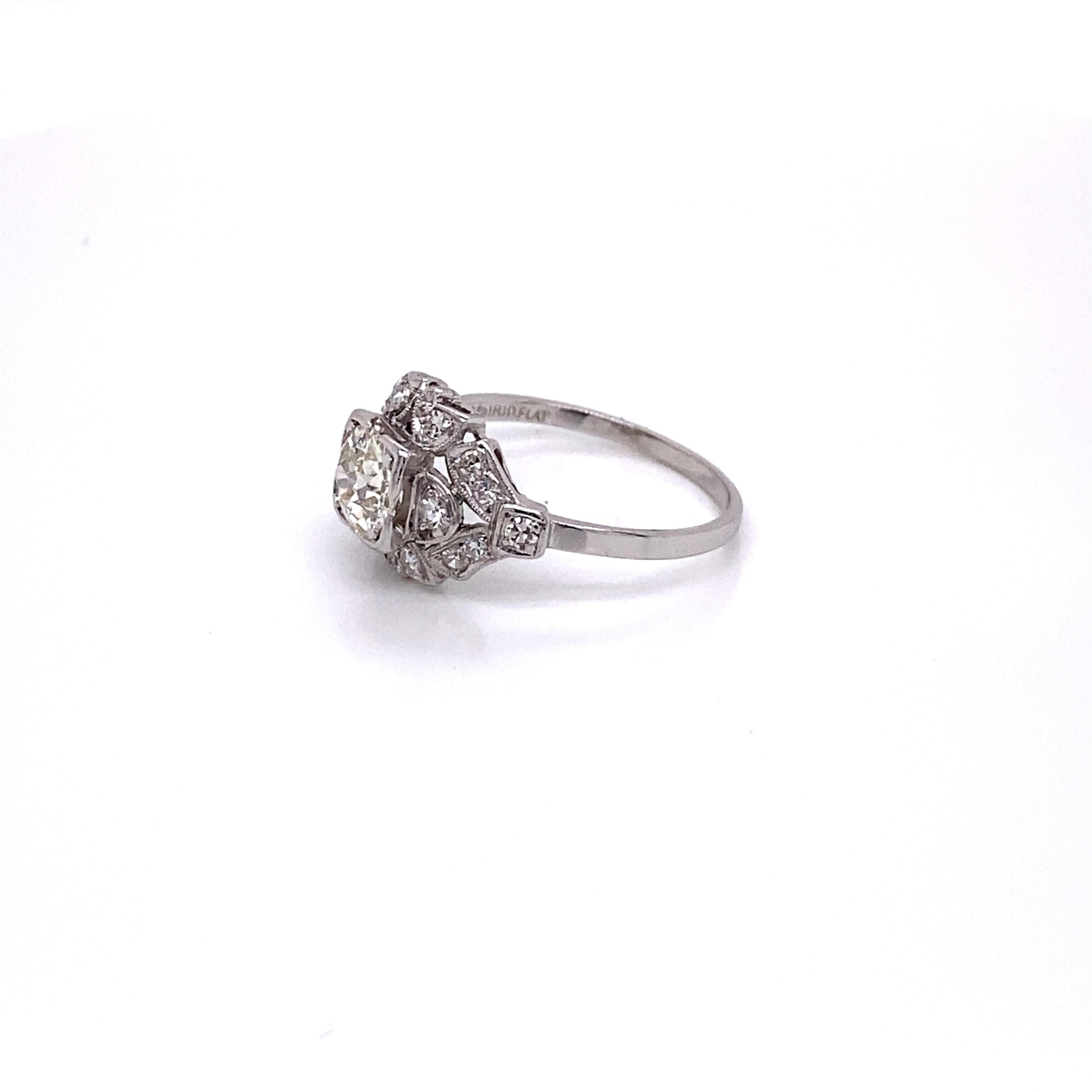 Women's Vintage European Cut Diamond in Platinum Art Deco Ring .77 Carat For Sale