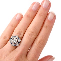 Vintage European Cut Diamond Sapphire Platinum Engagement Ring