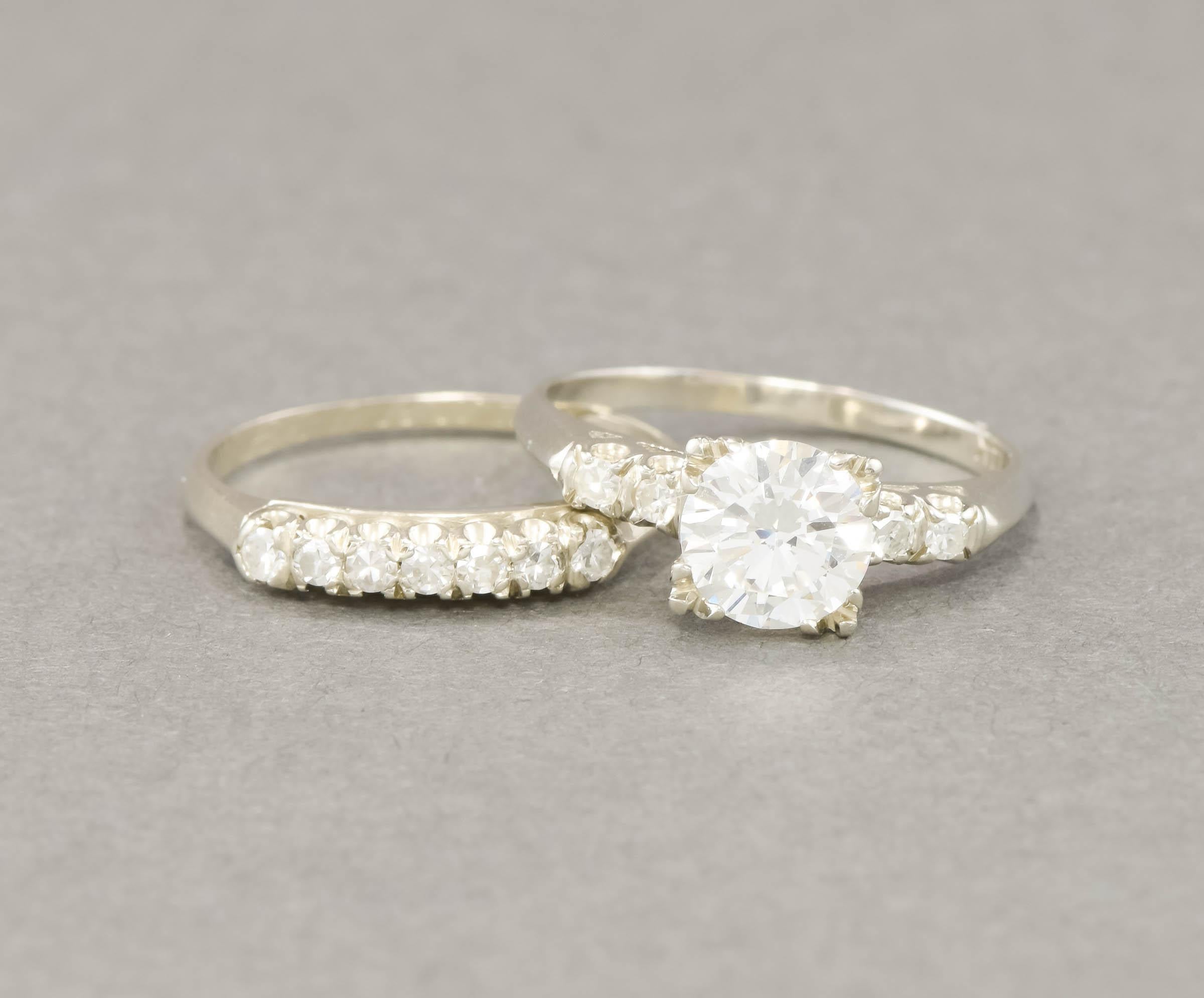 Vintage European Cut Diamond Wedding Set with Appraisal, 1.30 ctw In Good Condition For Sale In Danvers, MA