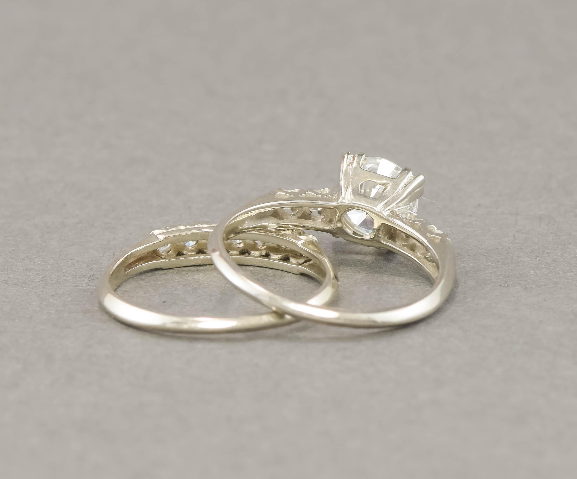 Vintage European Cut Diamond Wedding Set with Appraisal, 1.30 ctw For Sale 1