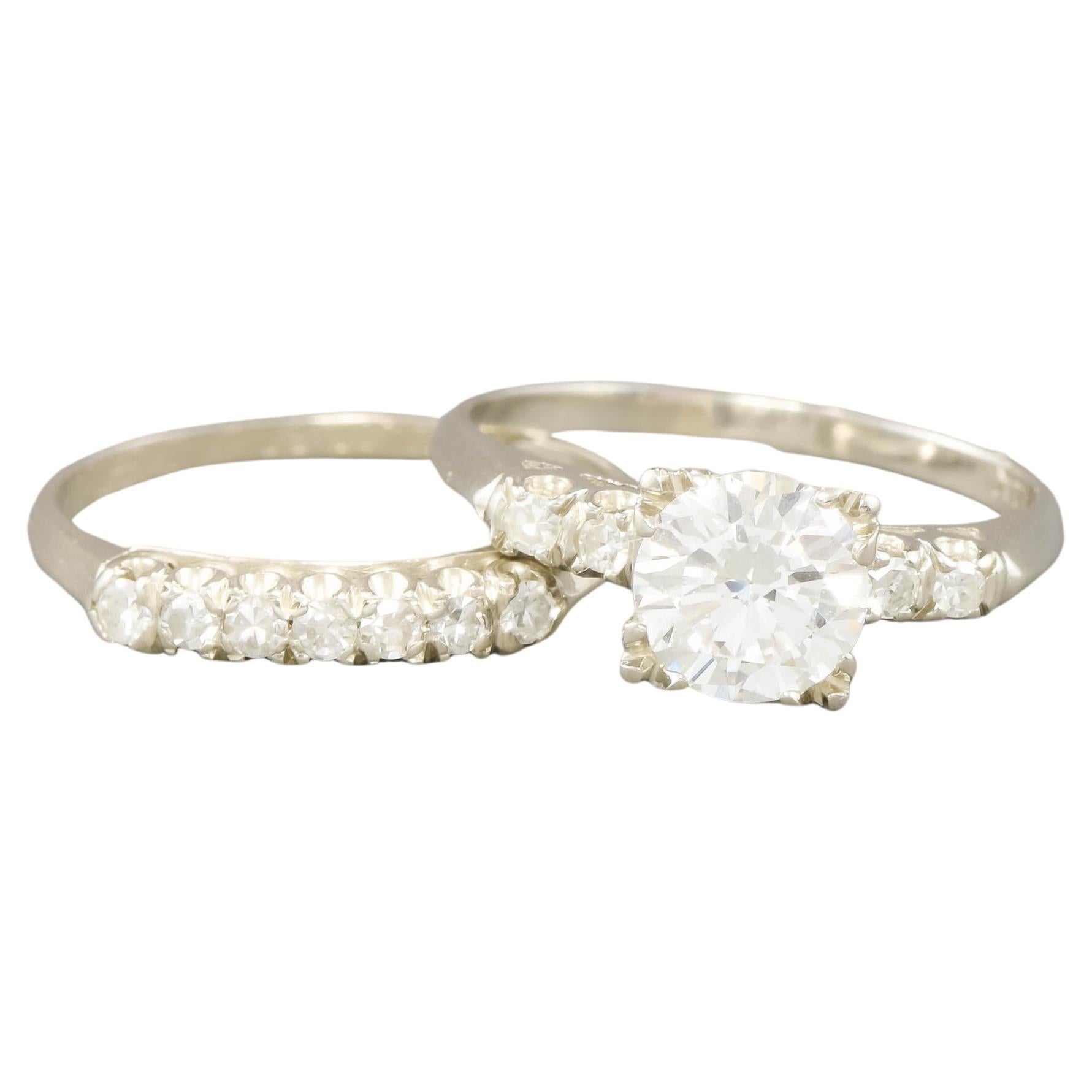 Ensemble de mariage vintage en diamants taille européenne avec évaluation, 1,30 carat en vente
