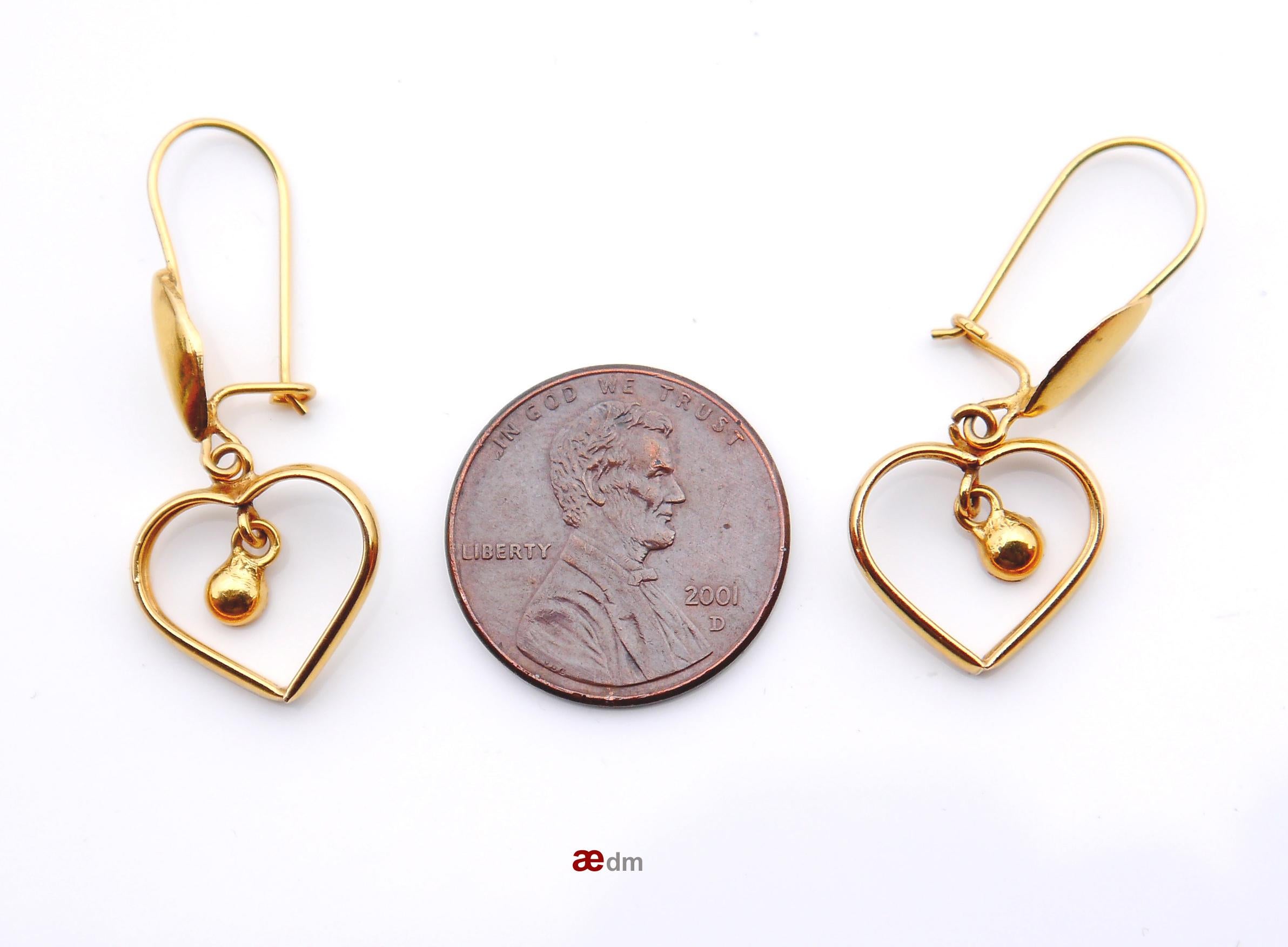 Europäische Vintage-Ohrringe mit Herzen, massives 21K Gelbgold / 2,3gr Damen im Angebot