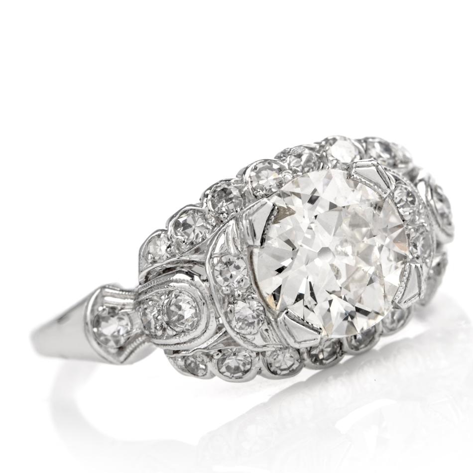 Art Deco Vintage European Diamond Platinum Engagement Ring