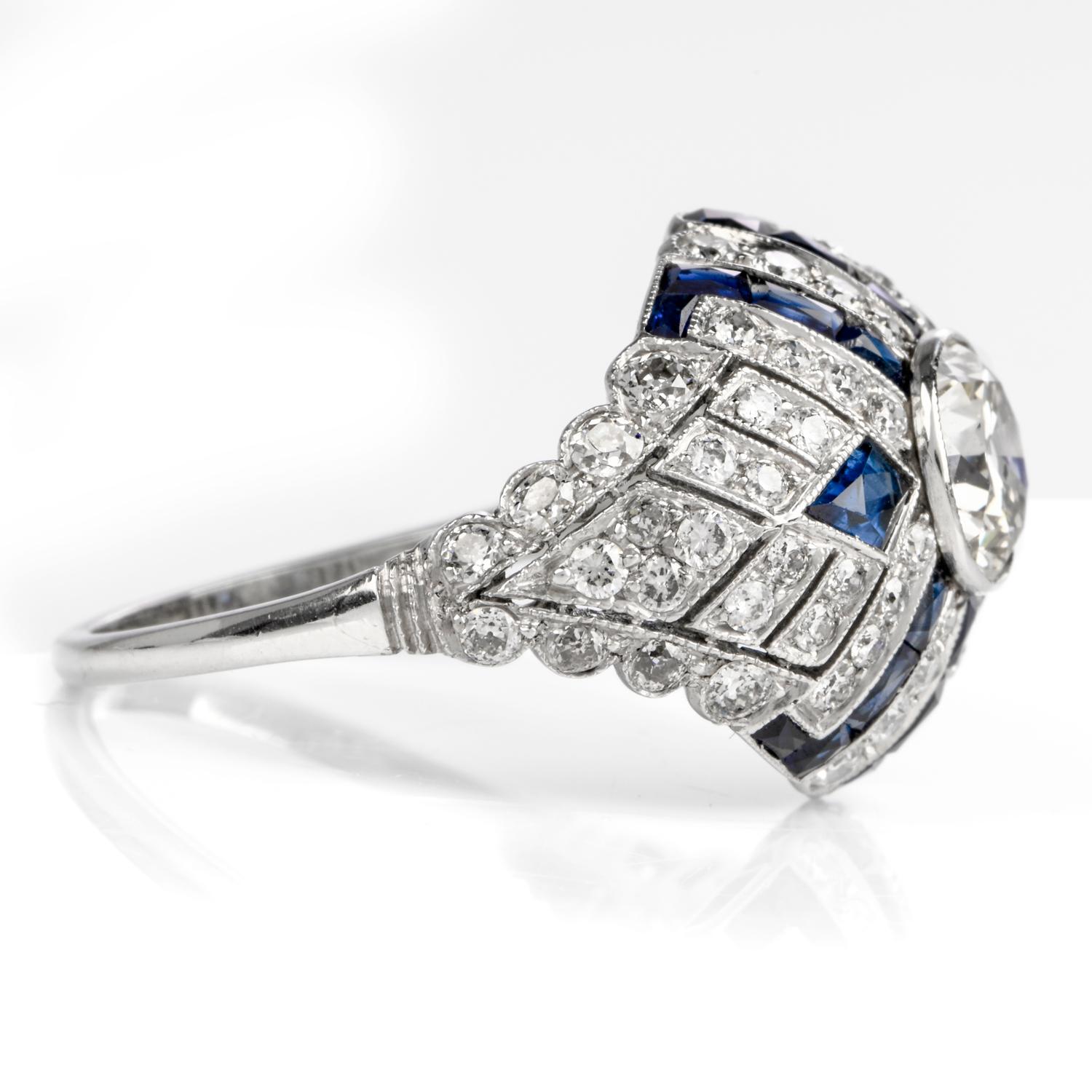 Art Deco Vintage European Diamond Sapphire Cocktail  Domed Ring