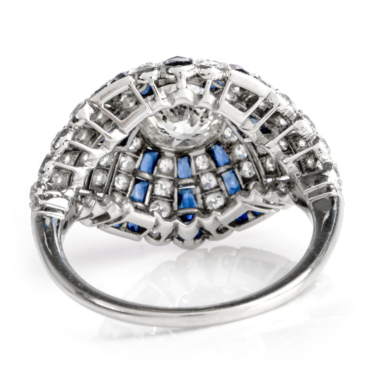 Vintage European Diamond Sapphire Cocktail  Domed Ring In Excellent Condition In Miami, FL