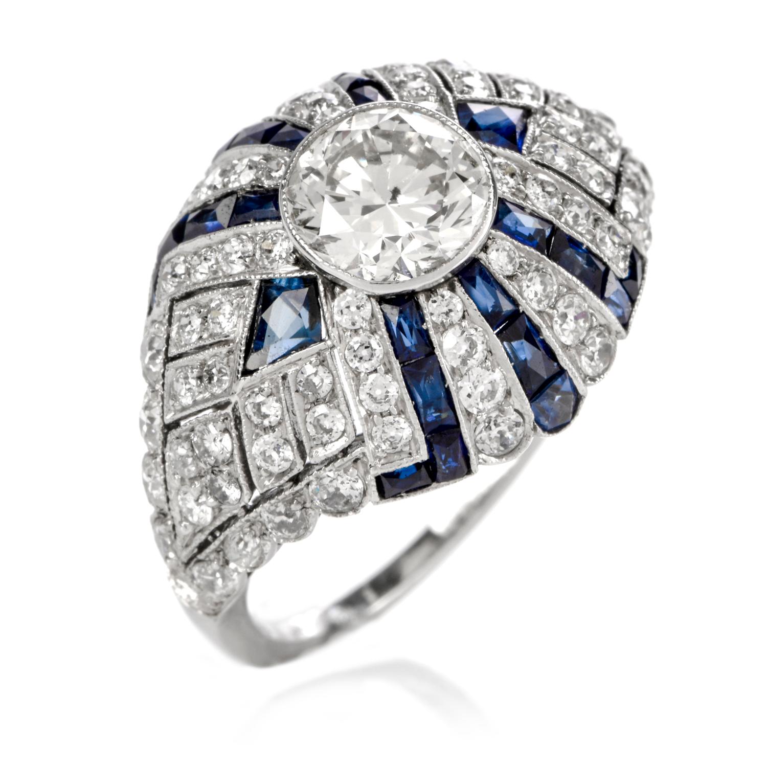 Women's Vintage European Diamond Sapphire Cocktail  Domed Ring