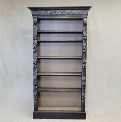 Vintage European Ebonized and Carved Oak Adjustable Shelf Bookcase