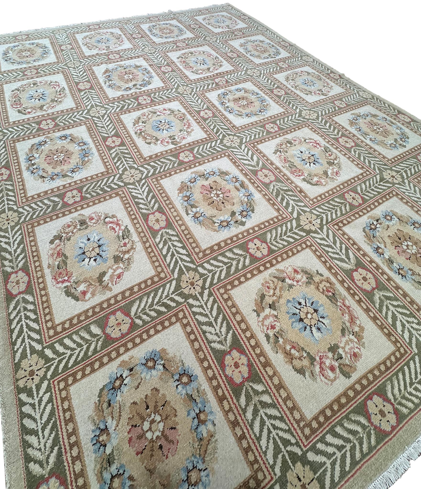 Tessuto a mano Vintage Empire Aubusson Pile Rug Floral Garden 305cmx417cm Beige 10x14 in vendita