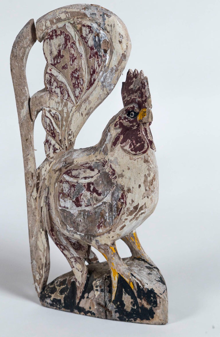 Vintage European Folk Art Cockerel, early 20th Century. Rustic and hand-carved with original paint.