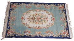 Vintage European French Aubusson Wool Area Rug Mat Carpet Blue Roses