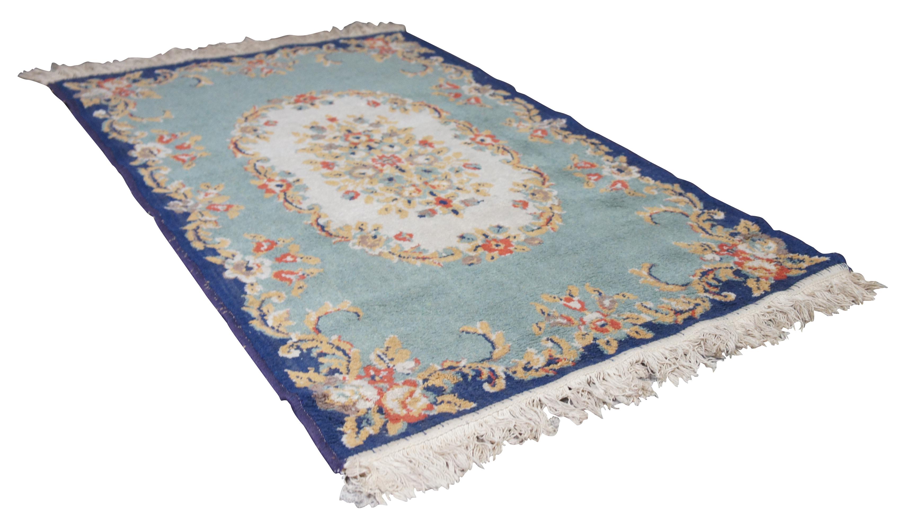 Vintage European French Aubusson Wool Area Rug Mat Carpet Blue Roses In Good Condition In Dayton, OH