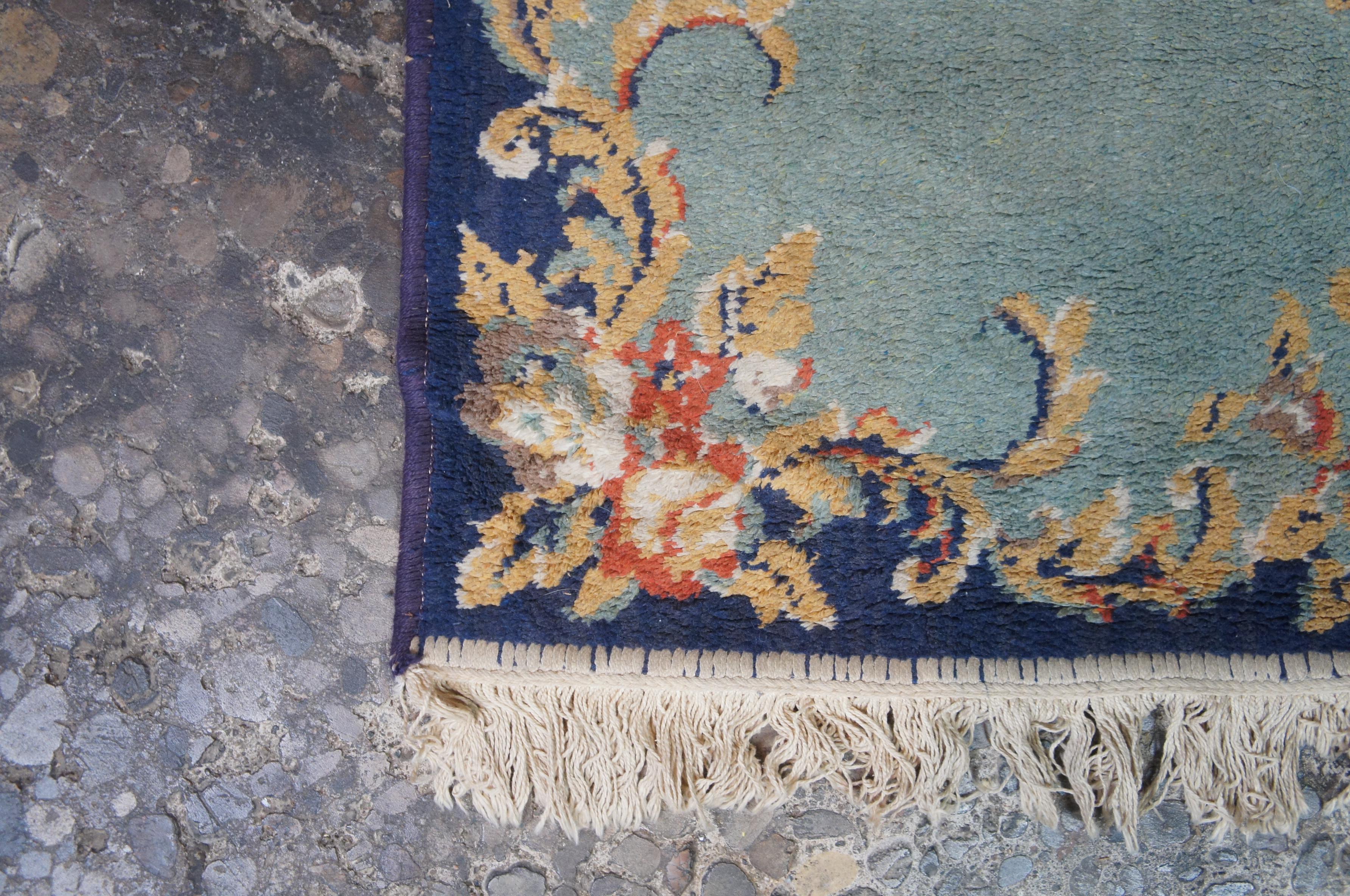 20th Century Vintage European French Aubusson Wool Area Rug Mat Carpet Blue Roses