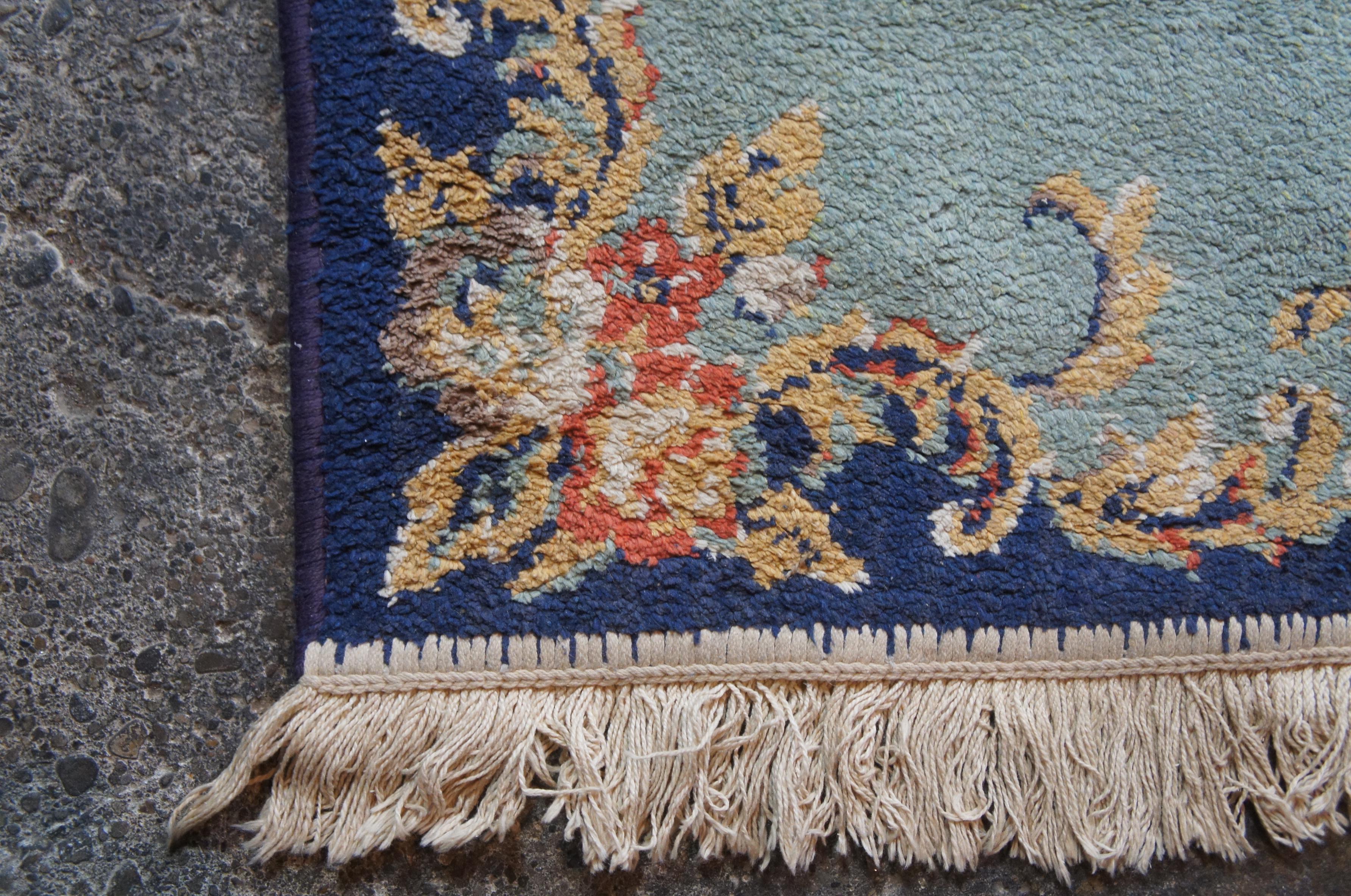 Vintage European French Aubusson Wool Area Rug Mat Carpet Blue Roses 1