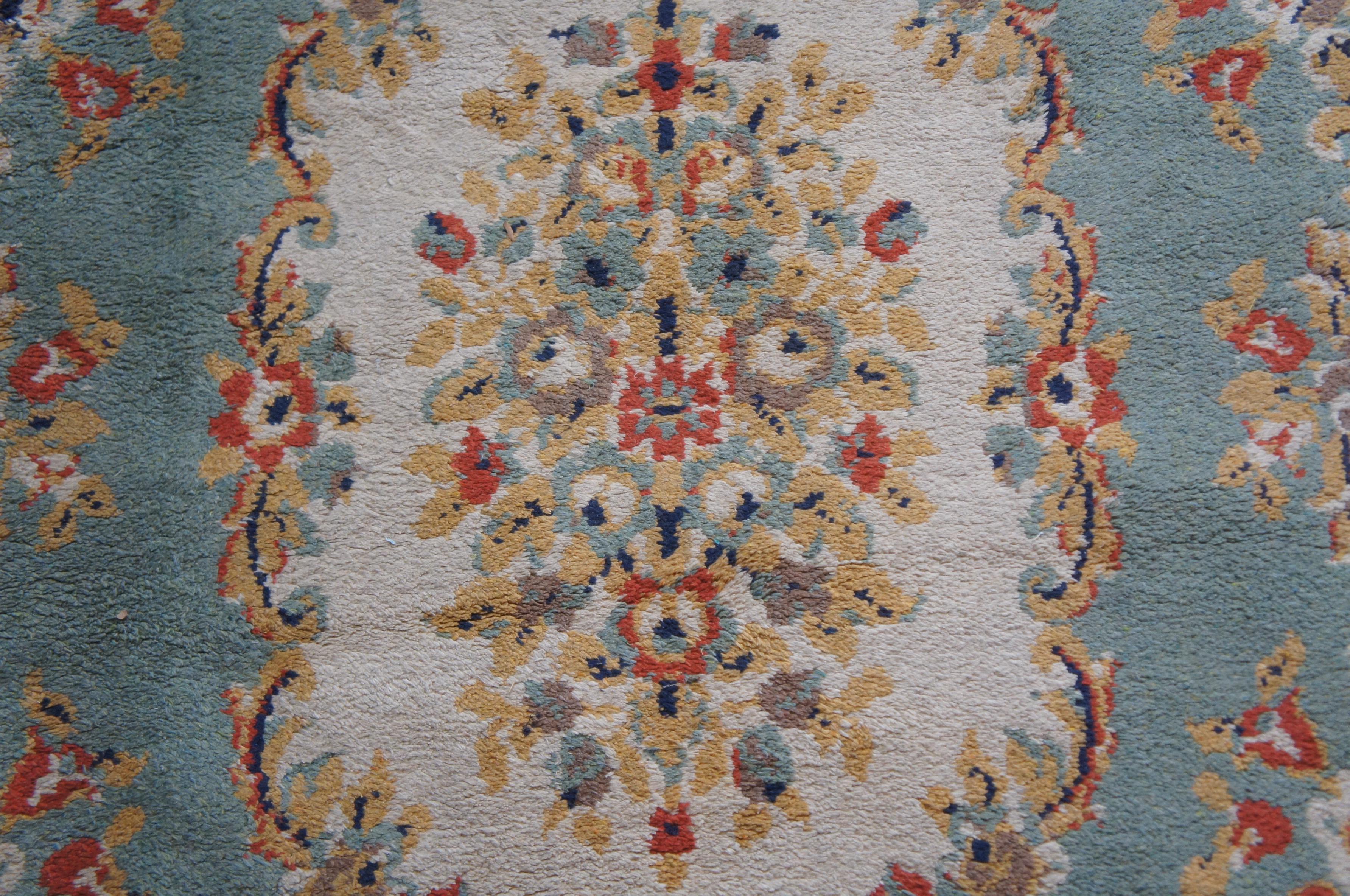 Vintage European French Aubusson Wool Area Rug Mat Carpet Blue Roses 2