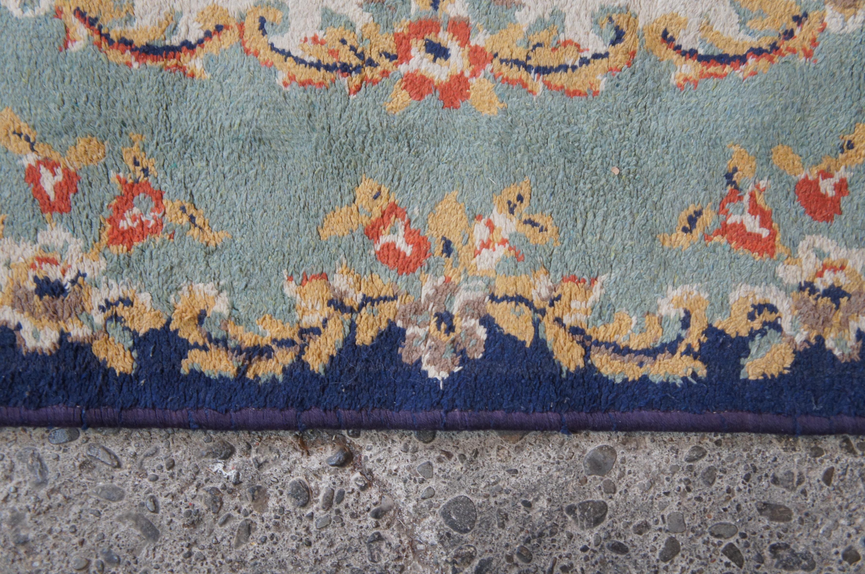 Vintage European French Aubusson Wool Area Rug Mat Carpet Blue Roses 3