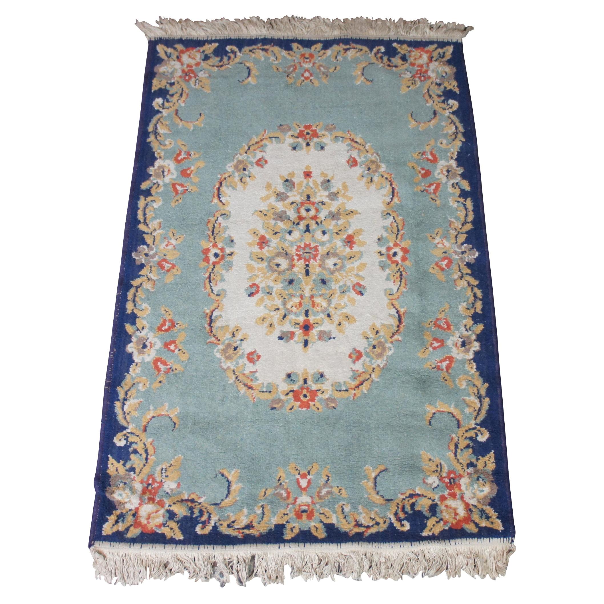 Vintage European French Aubusson Wool Area Rug Mat Carpet Blue Roses