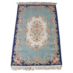 Vintage European French Aubusson Wool Area Rug Mat Carpet Blue Roses