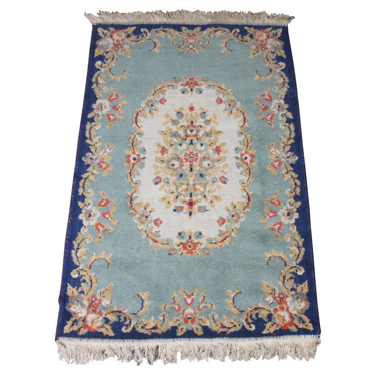 Vintage European French Aubusson Wool Area Rug Mat Carpet Blue Roses ...