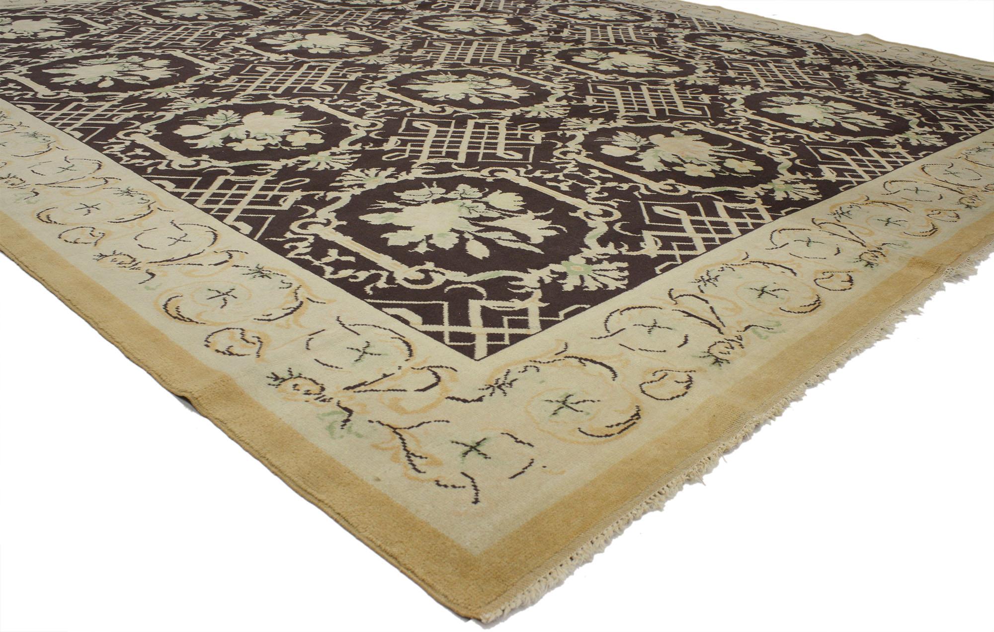 77078 Vintage European Garden Rug With Earth-Tone Colors - 10'08 X 10'10.  Warm and inviting with earth-tone colors, this hand-knotted wool vintage European rug is classic example of a garden trellis design with Romantic Renaissance Style. It