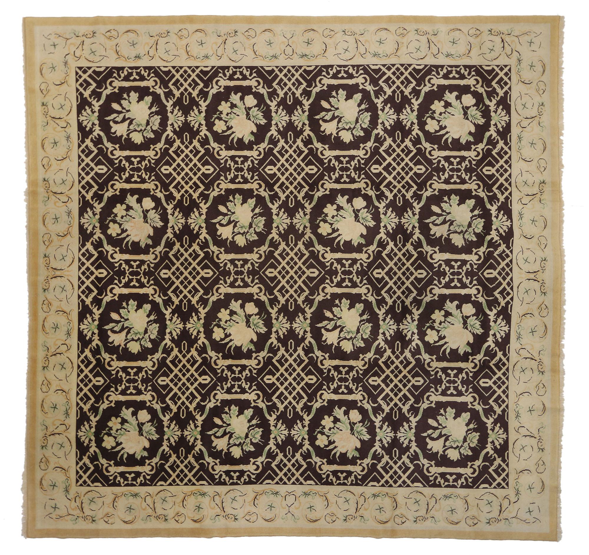 French Vintage European Garden Rug with Renaissance Style, Square Area Rug For Sale