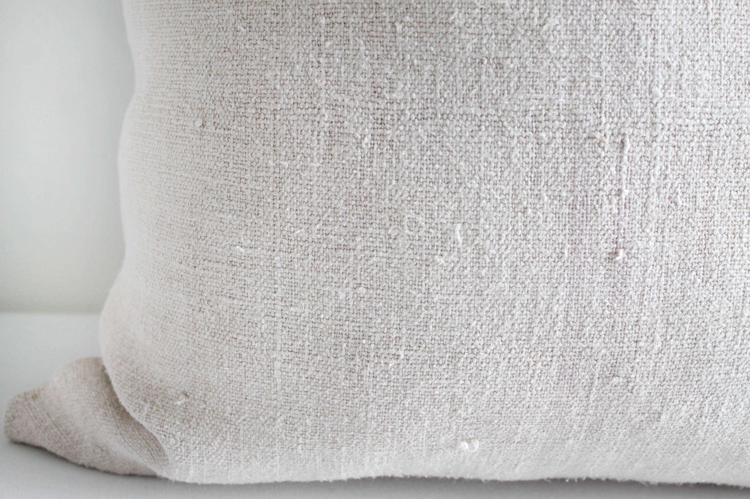 Vintage European Grain Sack Hemp Pillow with Pale Pink Stripes For Sale 1