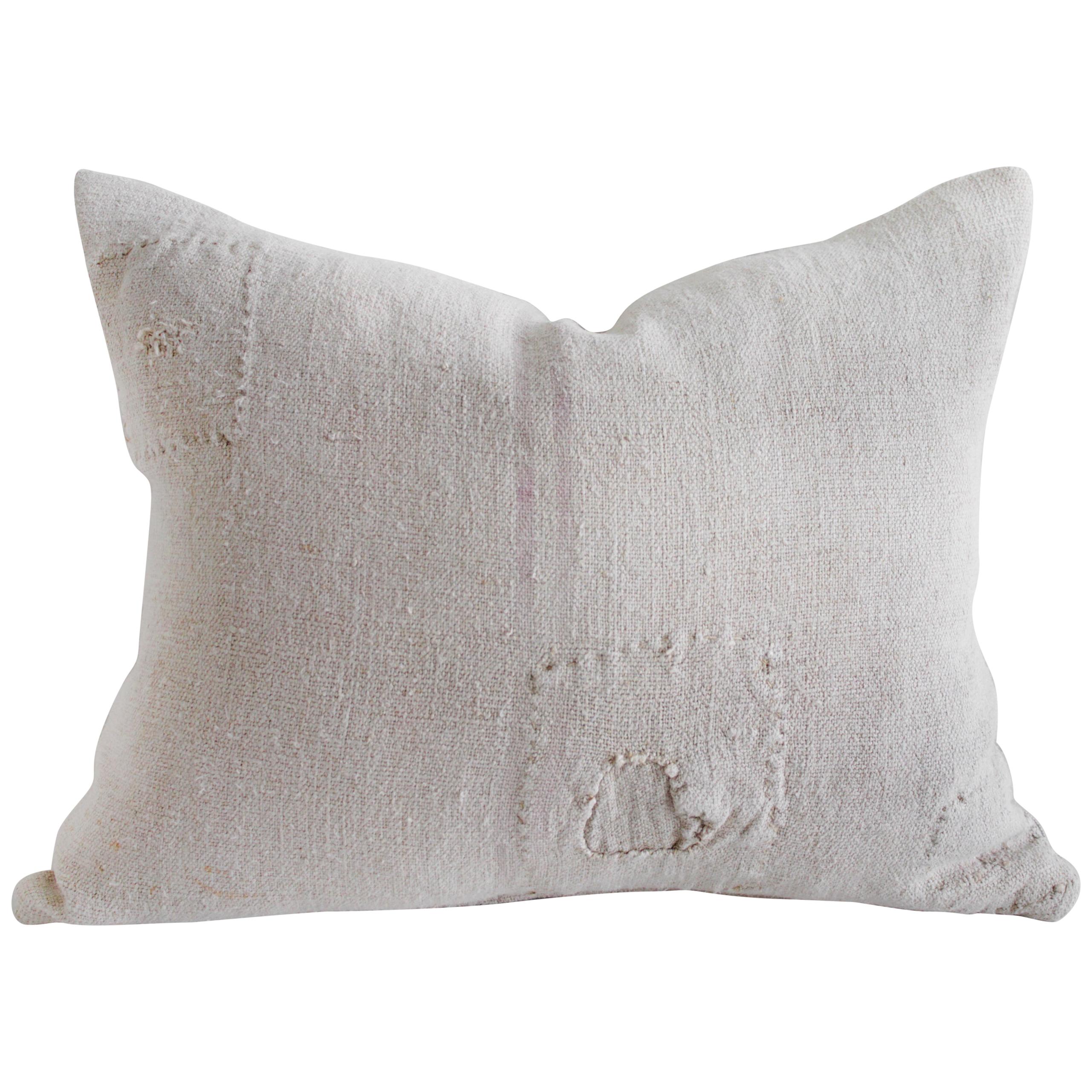 Vintage European Grain Sack Hemp Pillow with Pale Pink Stripes