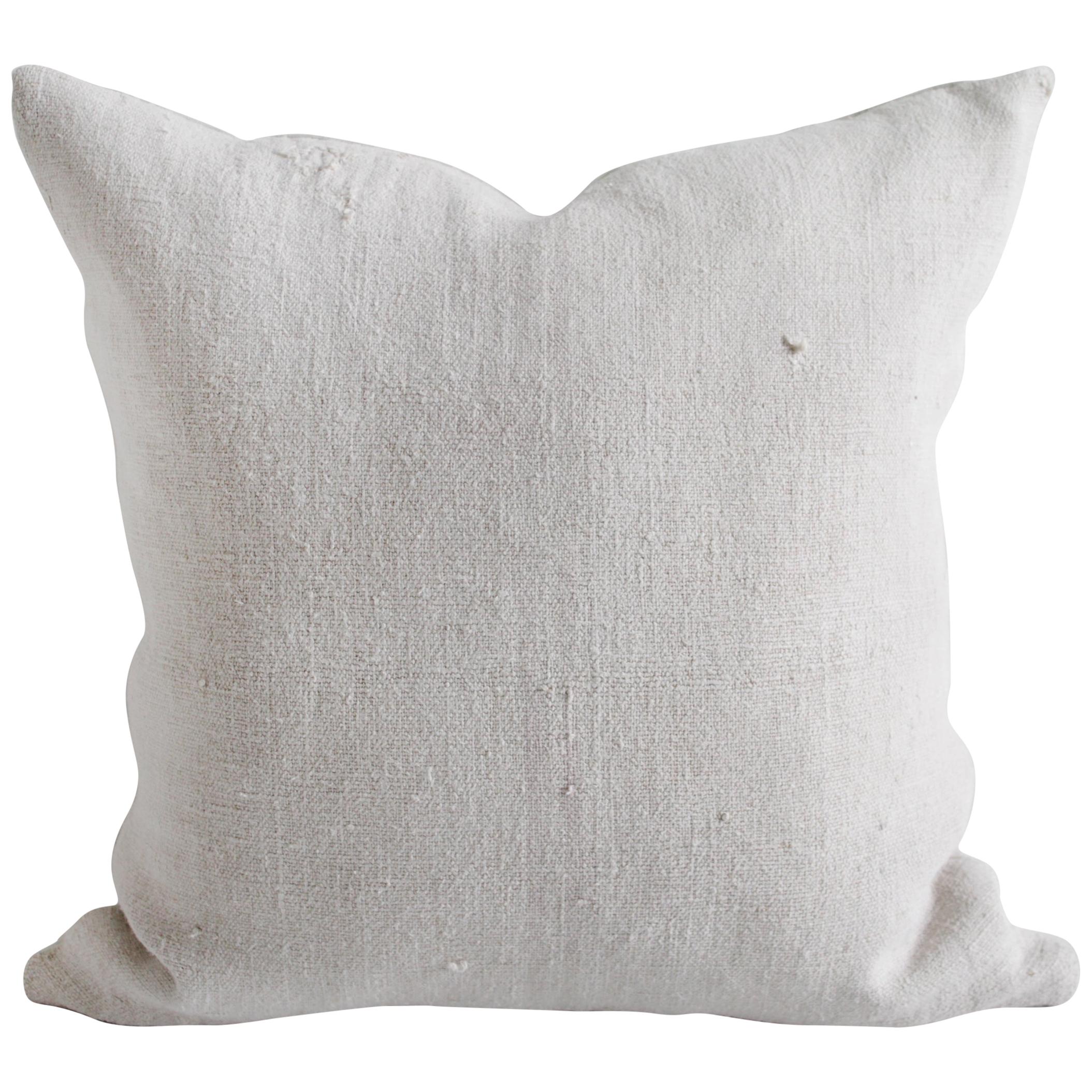 Vintage European Grain Sack Hemp Pillow with Pale Pink Stripes For Sale