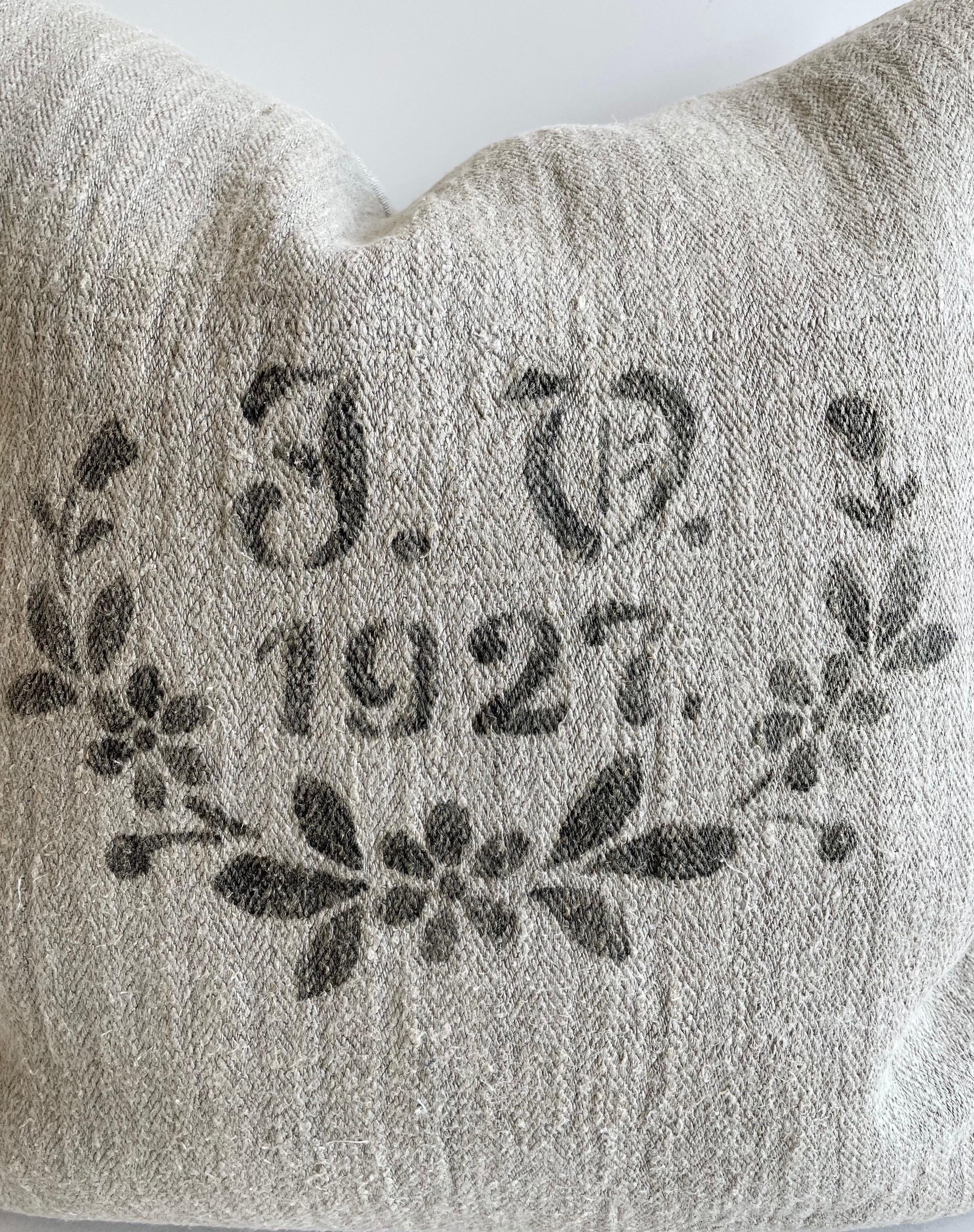 Vintage European Grain Sack Pillow with Original Stencil 2