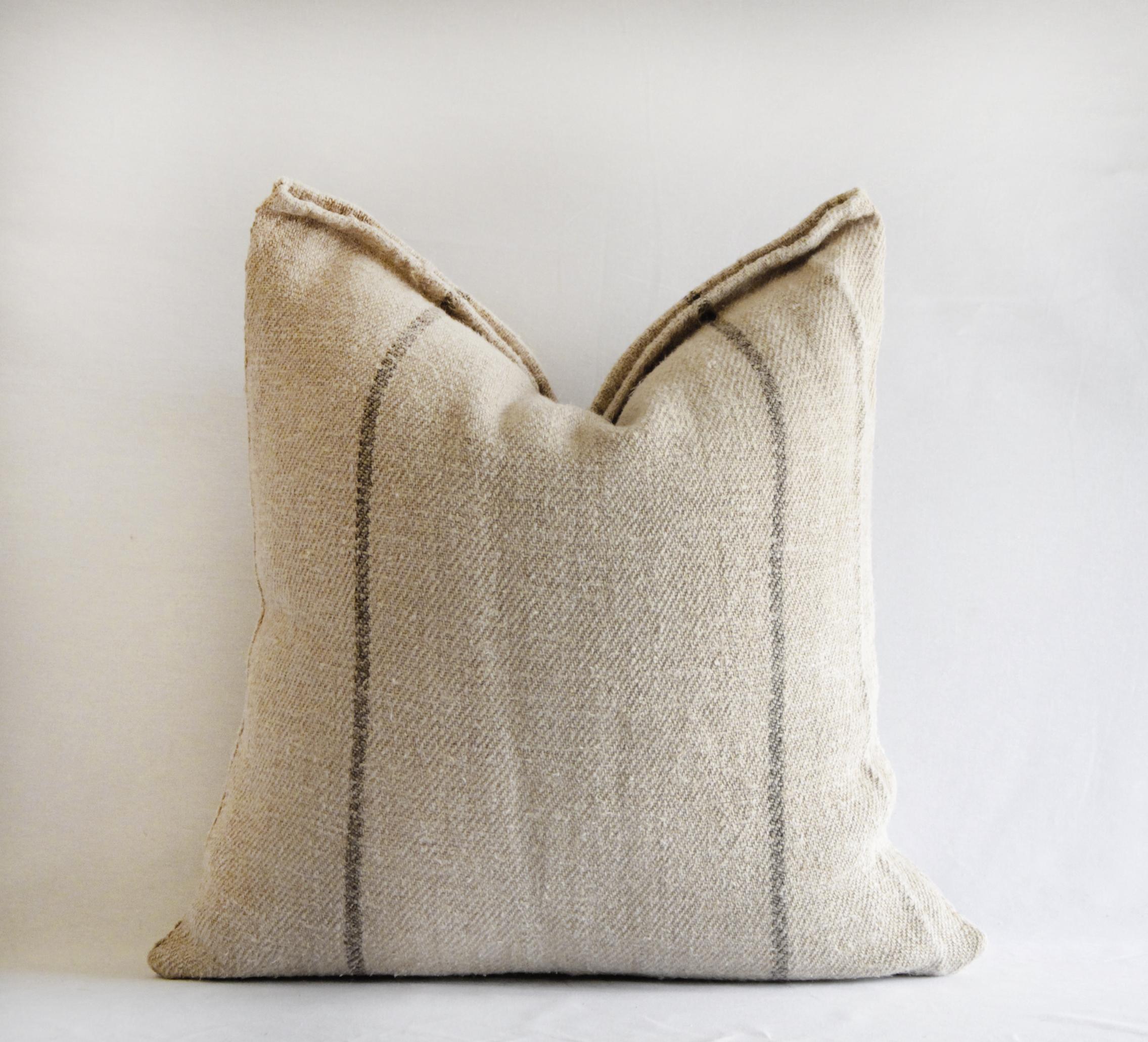Vintage European grain sack pillows with medium brown stripe
Measures: 22
