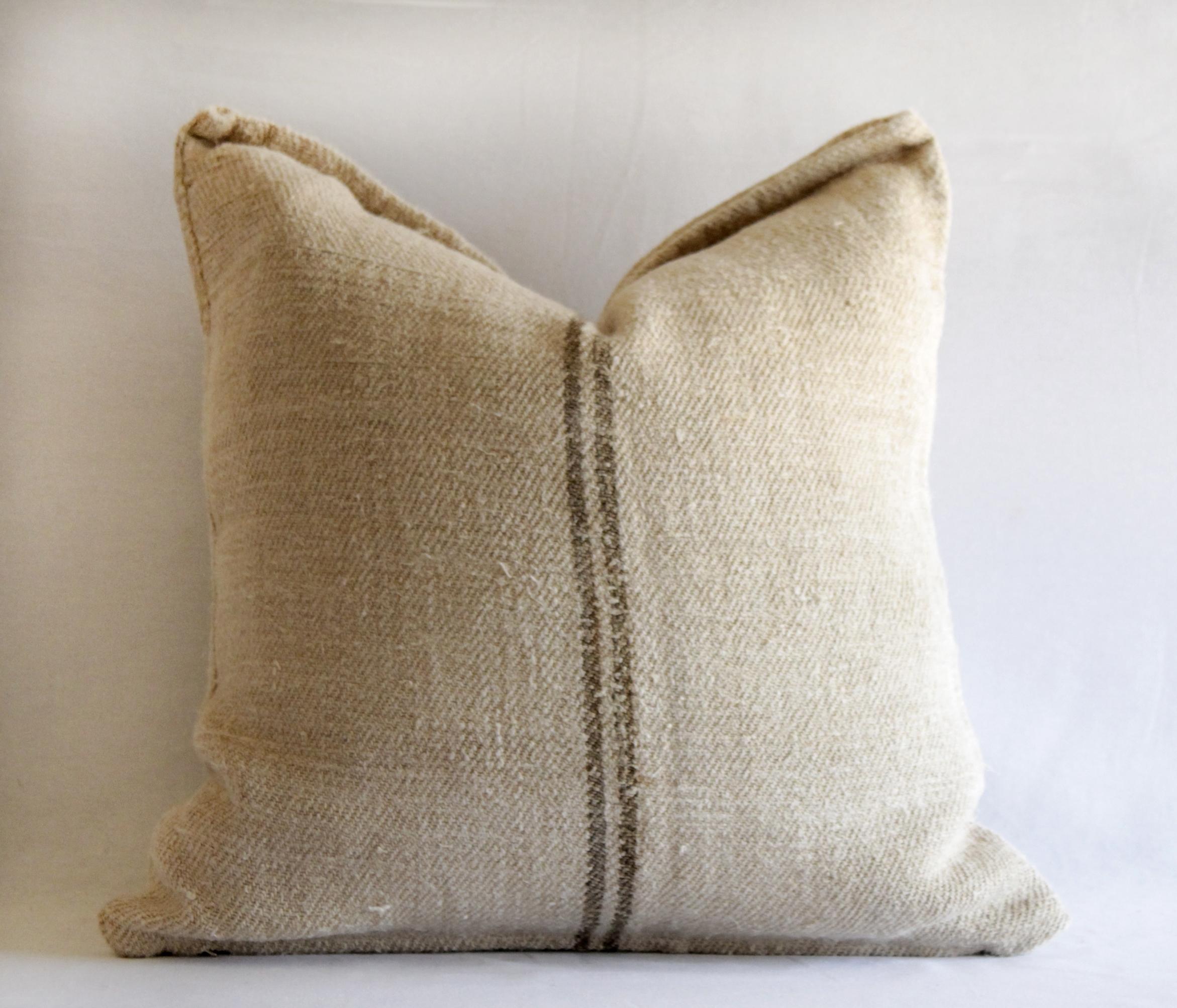 Vintage European grain sack pillows with dark brown stripe 
Measures: 21