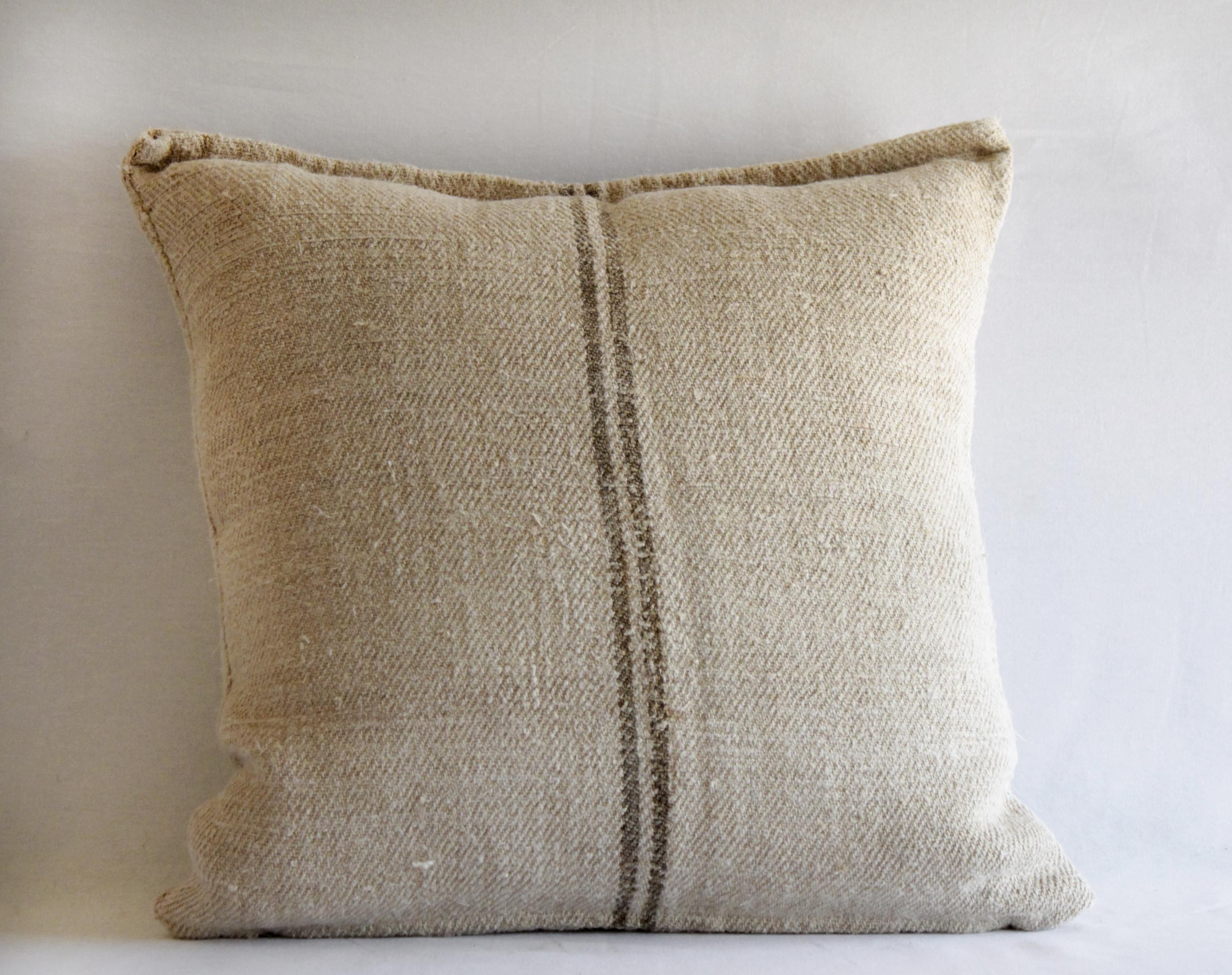 Rustic Vintage European Grain Sack Pillows with Dark Brown Stripe
