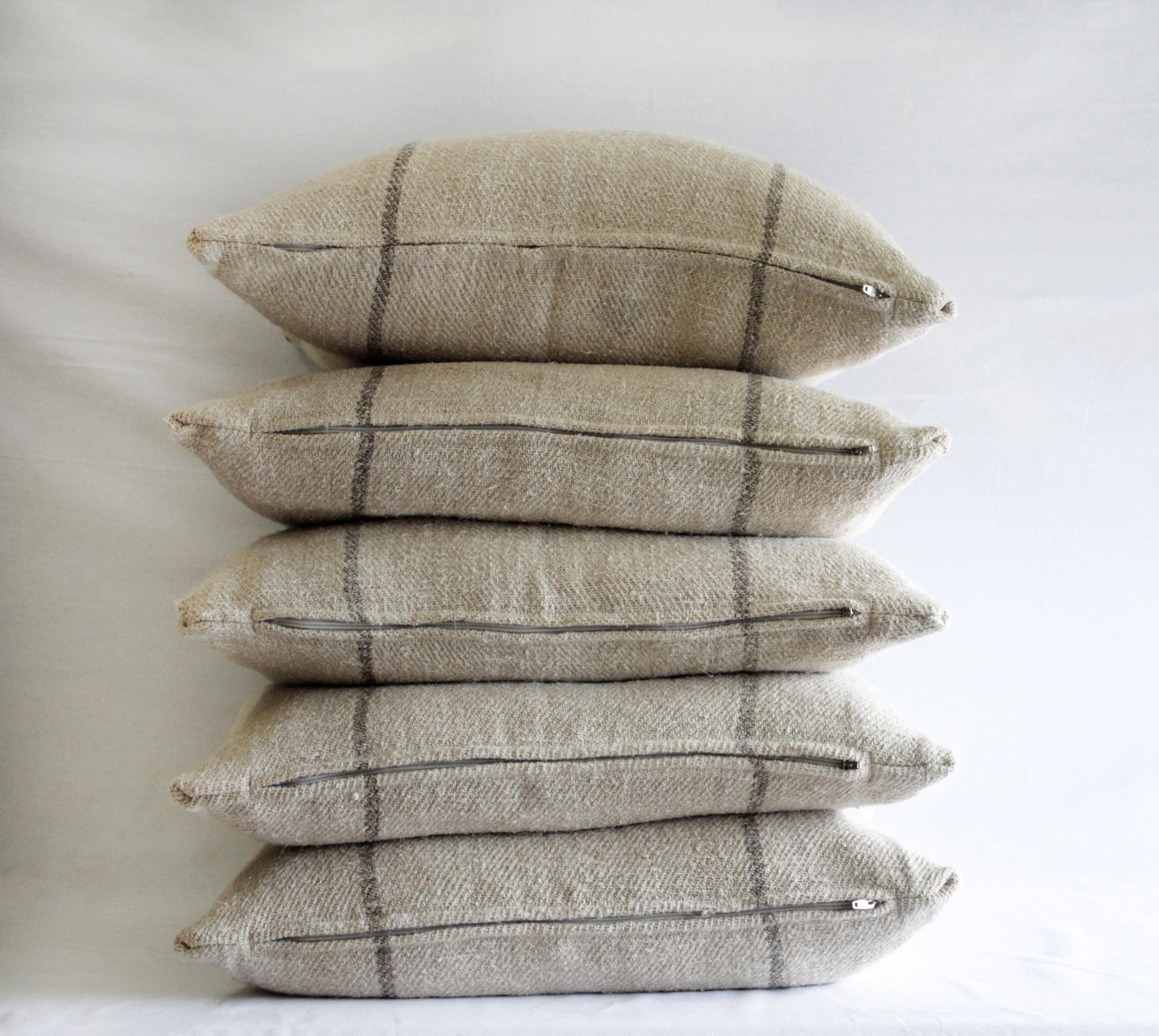 Cotton Vintage European Grain Sack Pillows with Dark Brown Stripe