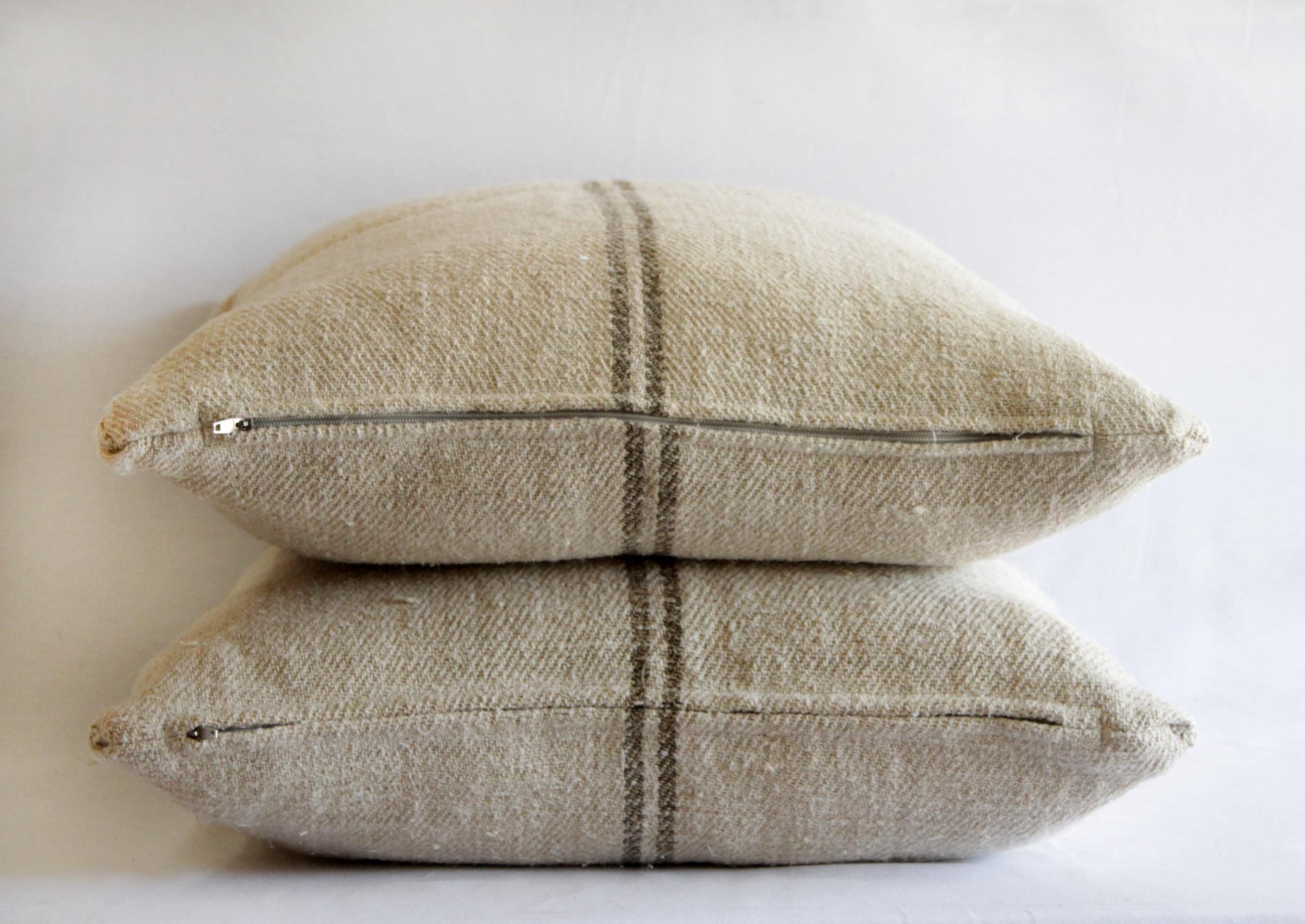 Cotton Vintage European Grain Sack Pillows with Dark Brown Stripe