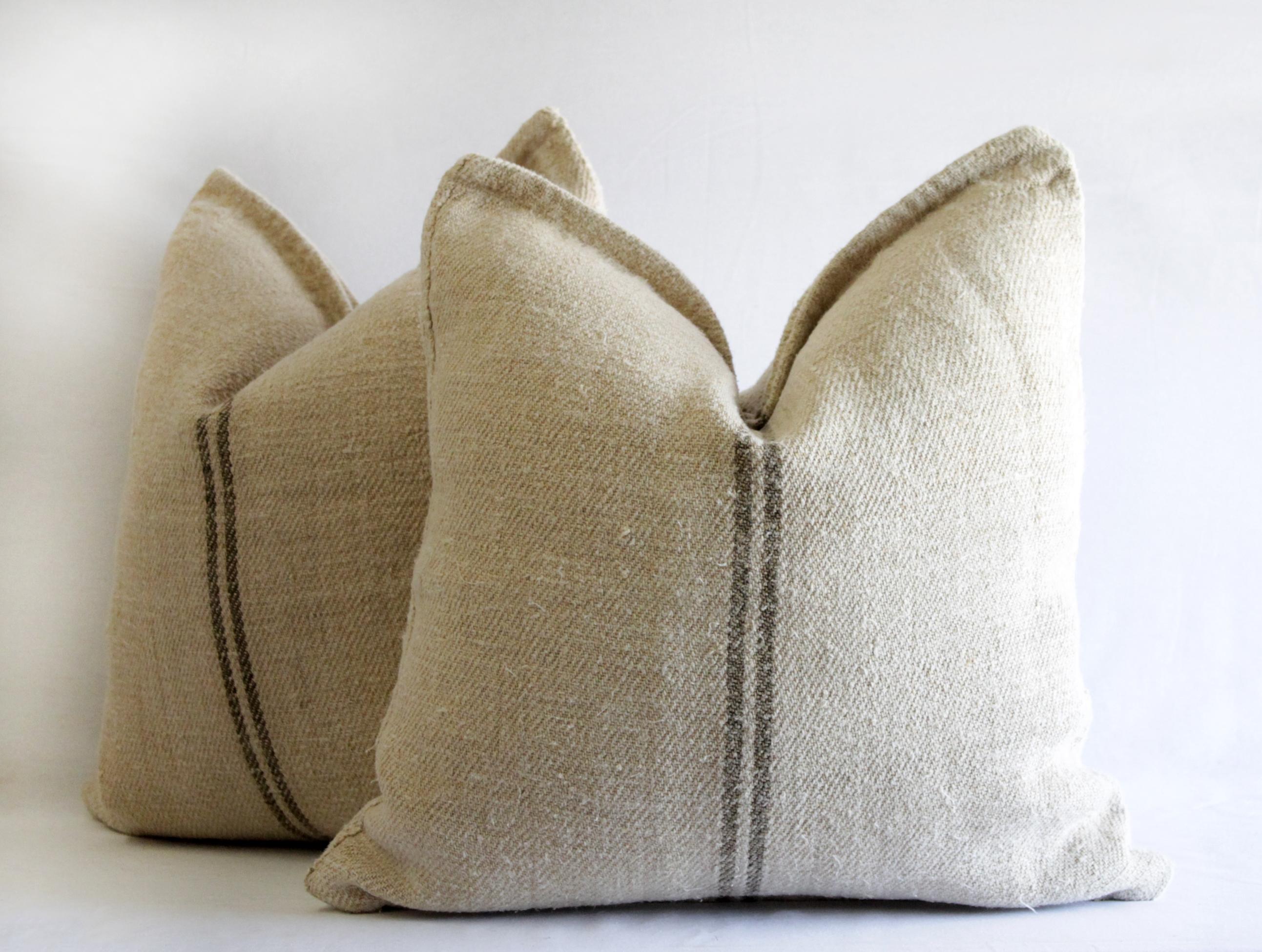 Vintage European Grain Sack Pillows with Dark Brown Stripe 1
