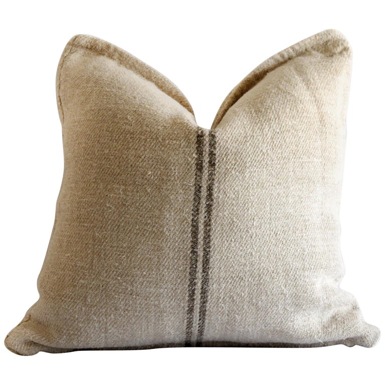 Vintage European Grain Sack Pillows With Dark Brown Stripe For