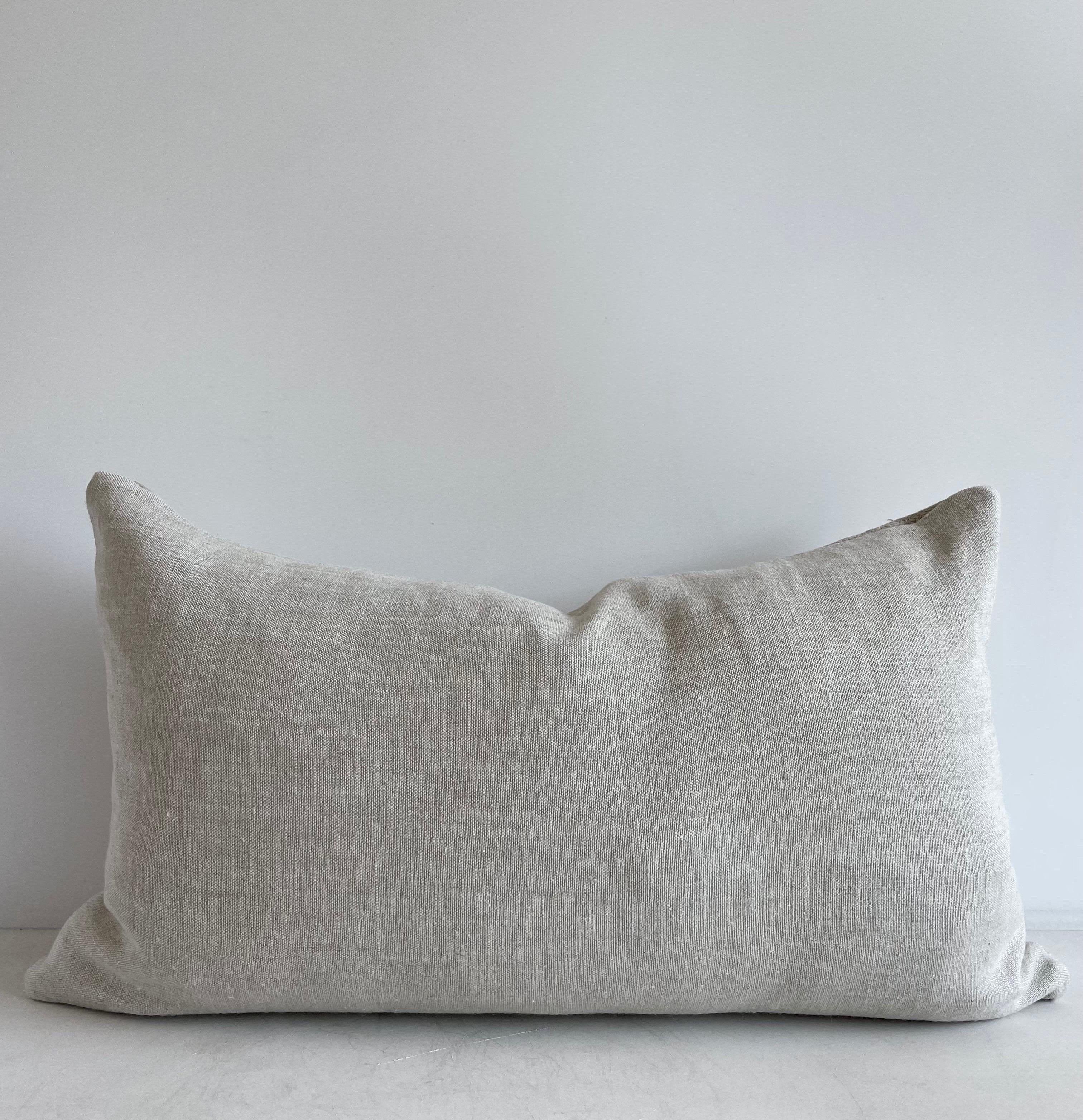 Vintage German GrainSack Pillow
Size: 15” x 25” 
Qty 2 
ANTIQUE GRAIN SACK PILLOW Lovely grain feed sack pillows from Europe. We custom-made these out of the original antique feed sacks, with brass zipper closure and overlocked edges. Condition: