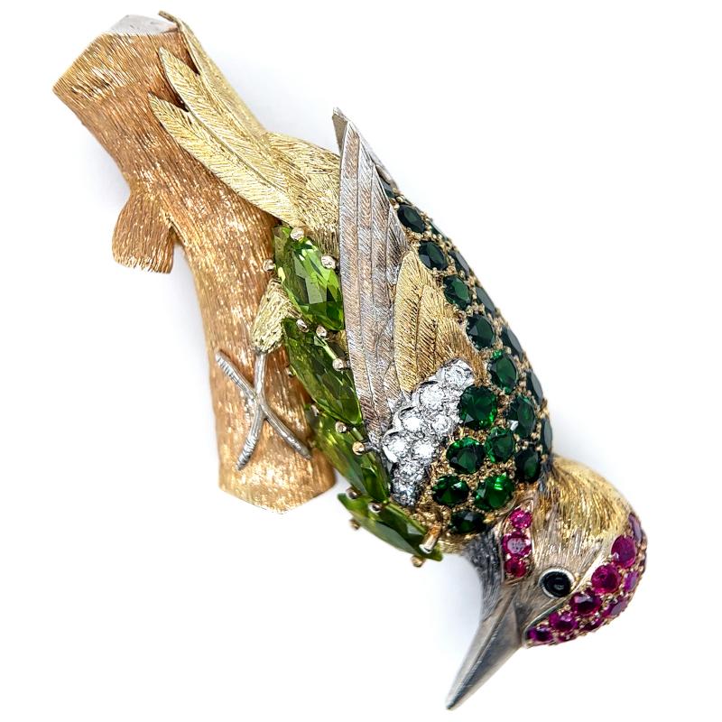 Women's or Men's Vintage European Green Woodpecker Diamond Gemstone Tricolor Gold Brooch
