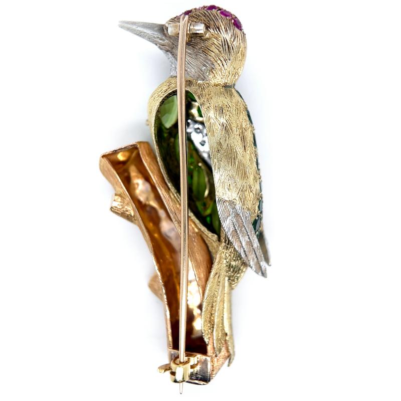 Vintage European Green Woodpecker Diamond Gemstone Tricolor Gold Brooch 1