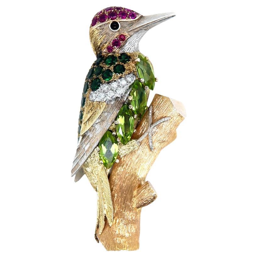 Vintage European Green Woodpecker Diamond Gemstone Tricolor Gold Brooch