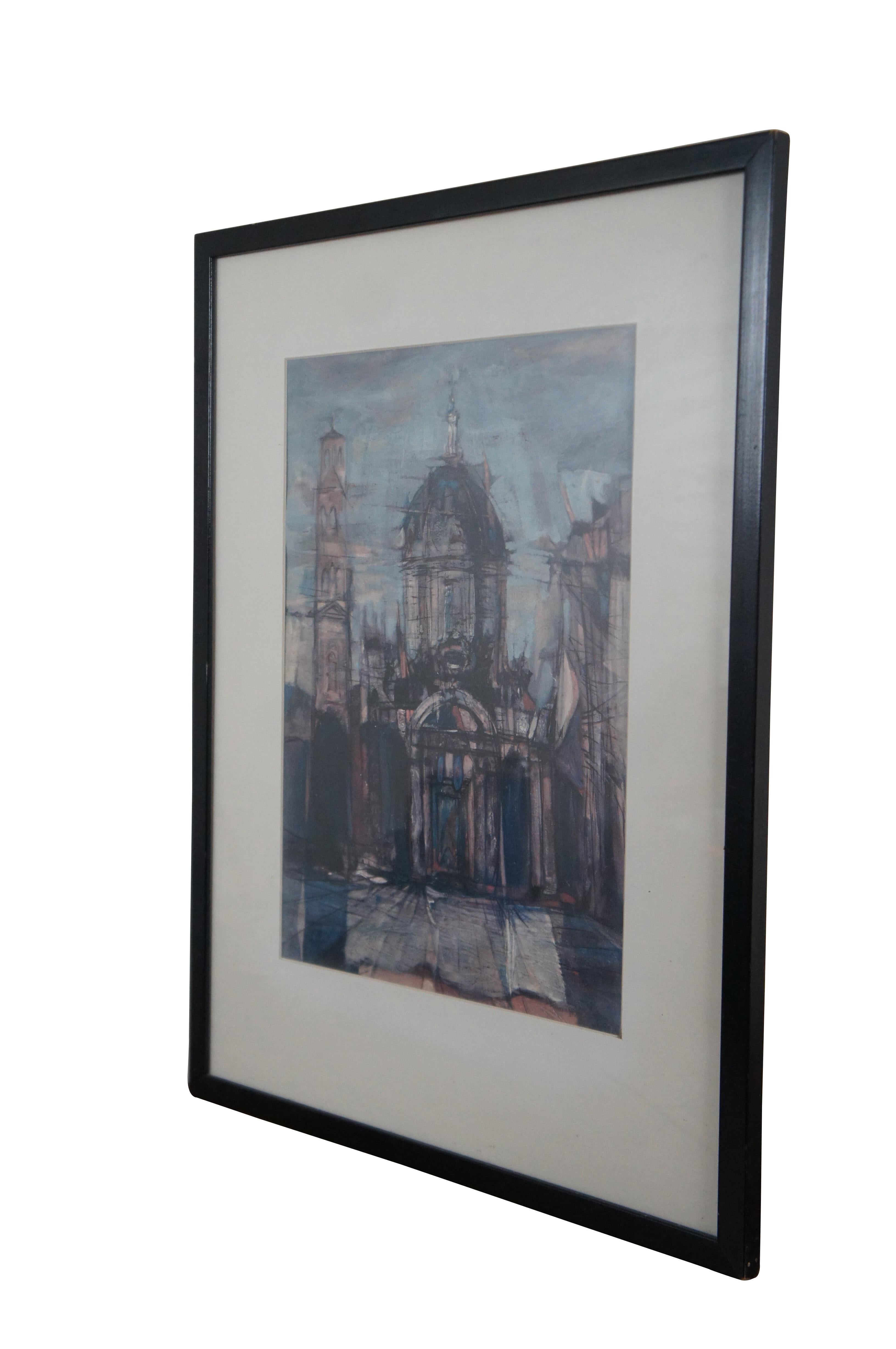 Vintage impressionist / expressionist style digital print depicting the entrance of a domed church building with a bell tower at the left. Pencil signed in lower right corner. Black painted wood frame; white mat.

Dimensions:
19