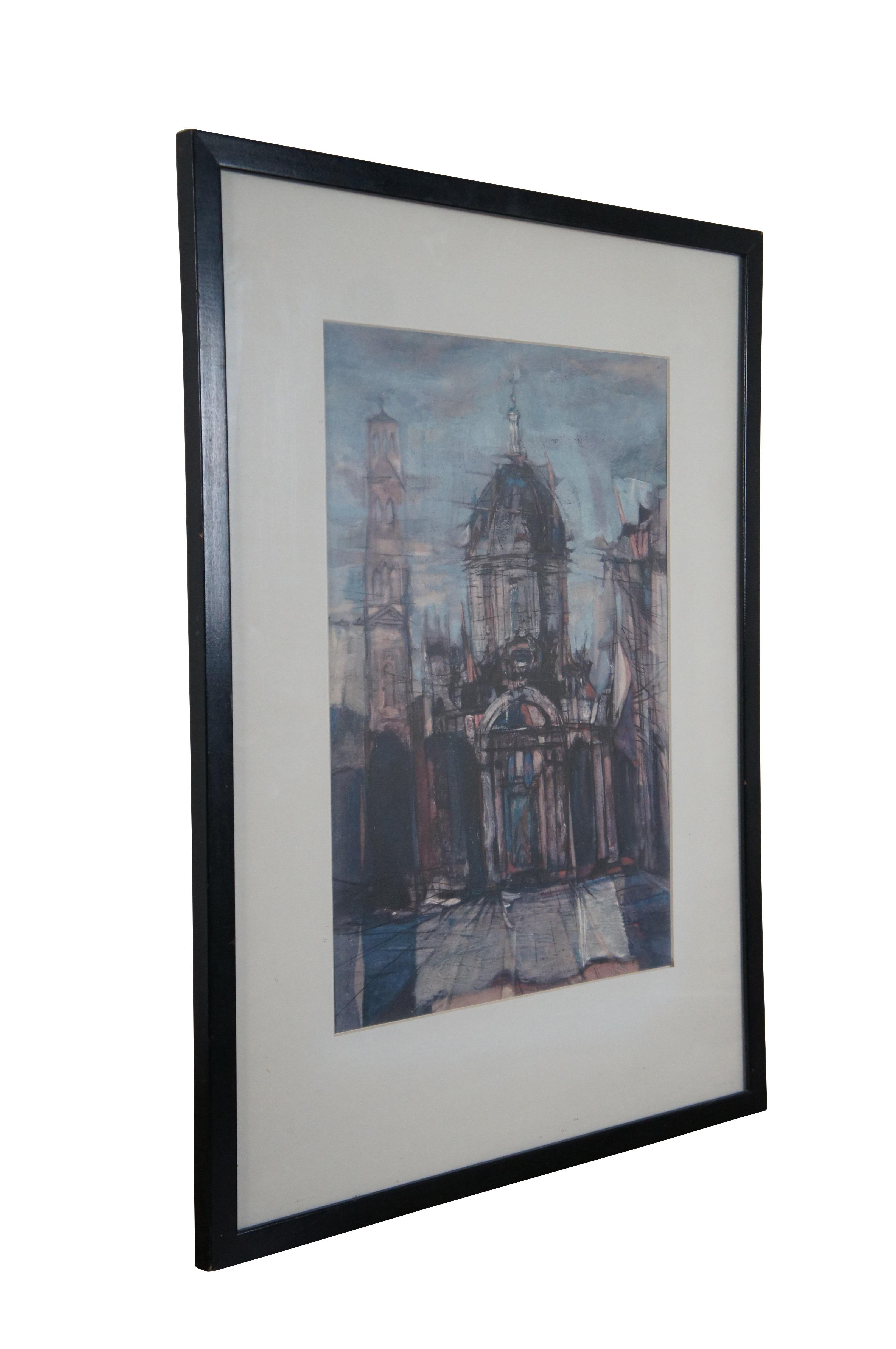 Vintage European Impressionist Expressionist Church Bell Tower Signed Print 25