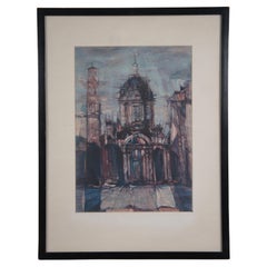 Vintage European Impressionist Expressionist Church Bell Tower Signed Print 25"