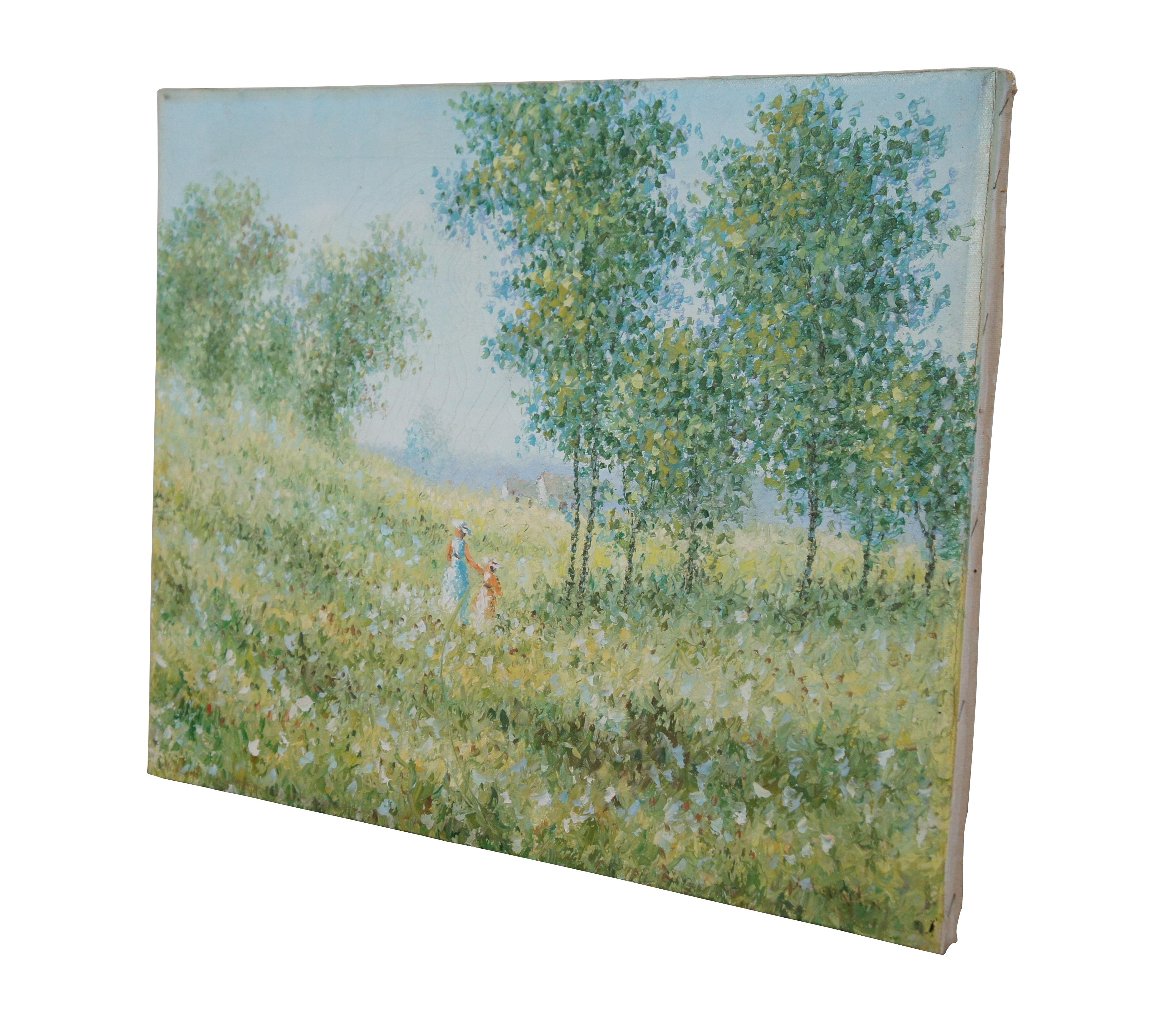 Vintage original Impressionist landscape oil painting on canvas showing a green field with trees and a pair of figures walking toward a cottage. Signed lower right, V. Noorole (Nookole / Noopole?). Size: 20