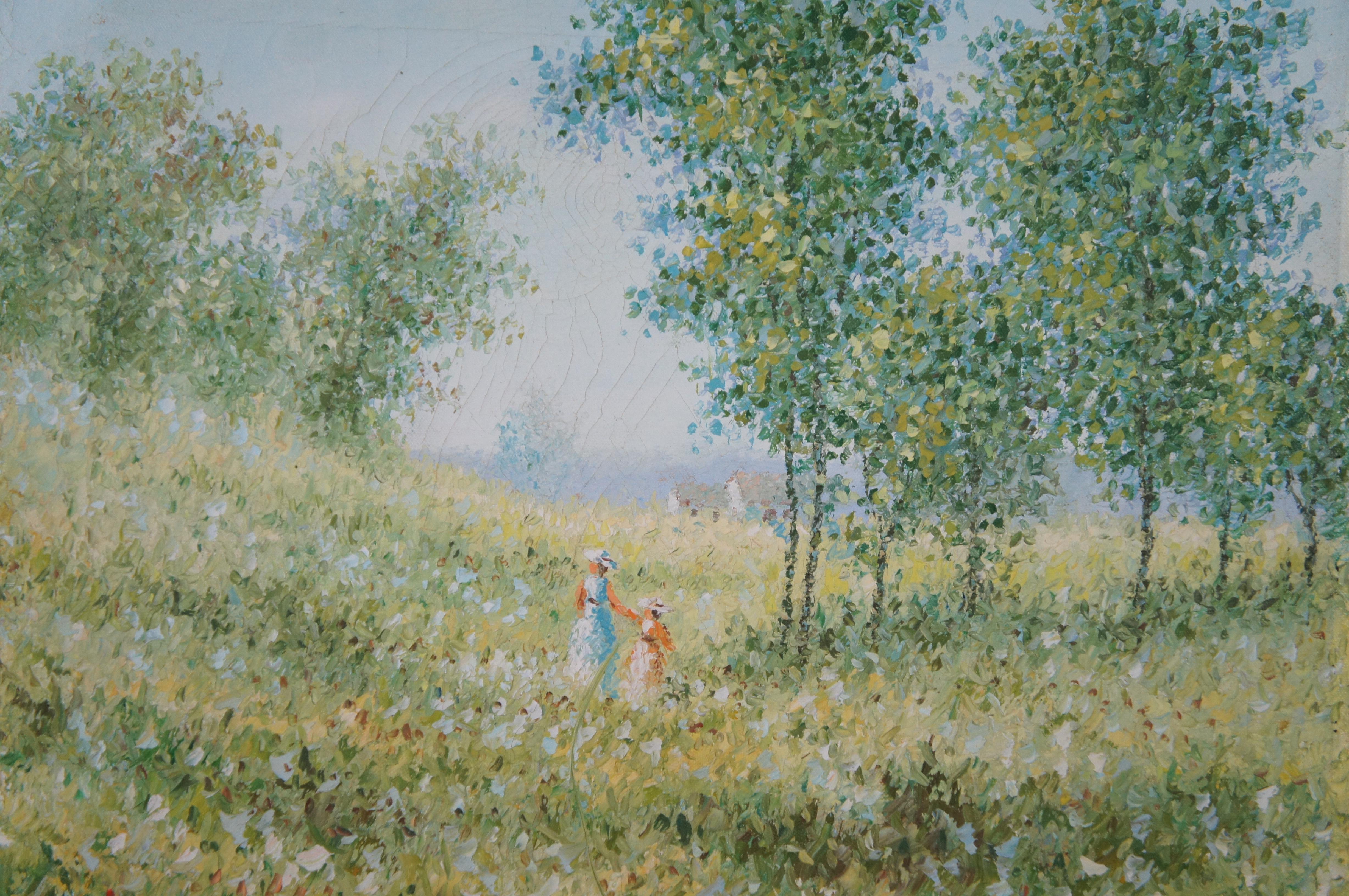 20th Century Vintage European Impressionist Landscape Field Trees Oil Painting on Canvas