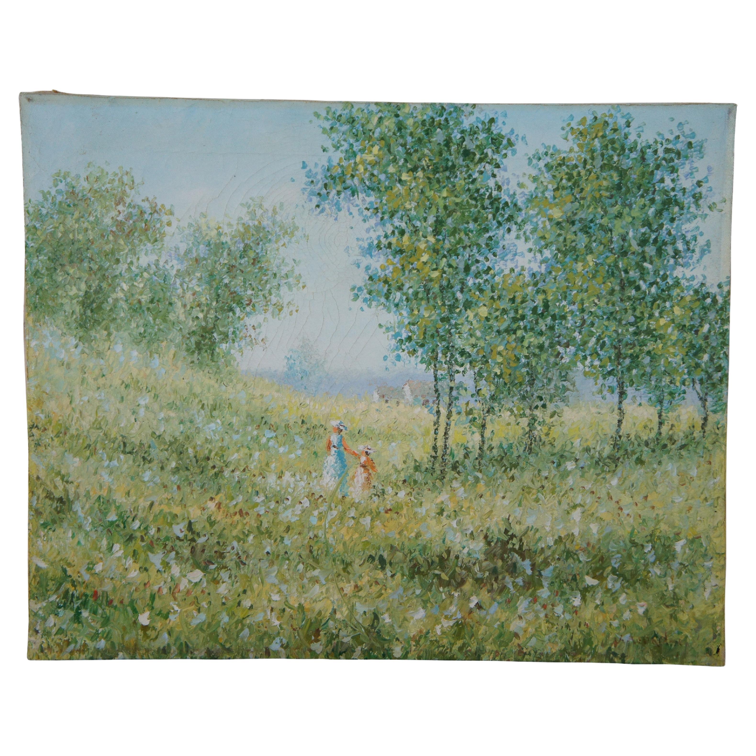 Vintage European Impressionist Landscape Field Trees Oil Painting on Canvas