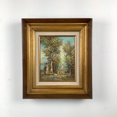 Vintage European Impressionist Oil Painting of Figures in Landscape, Signed