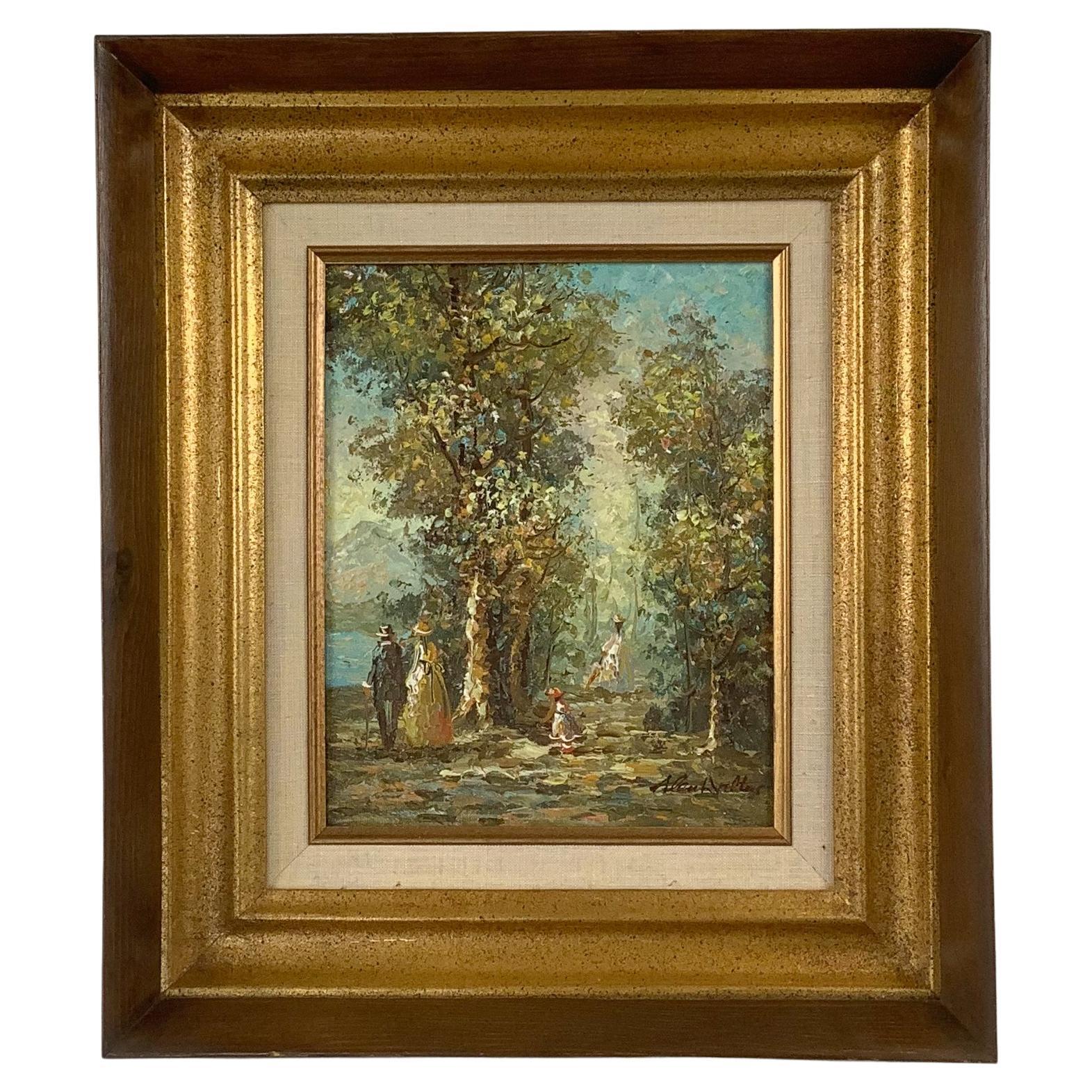 Vintage European Impressionist Oil Painting of Figures in Landscape, Signed