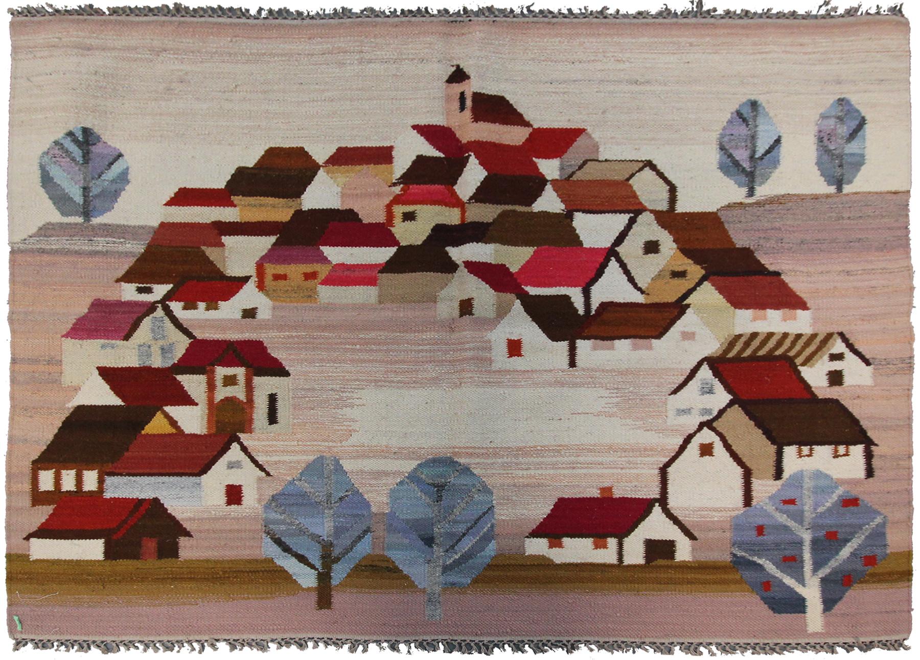 Vintage European Kilim flat woven rug Art Nouveau Tapestry 
4' x 5'2